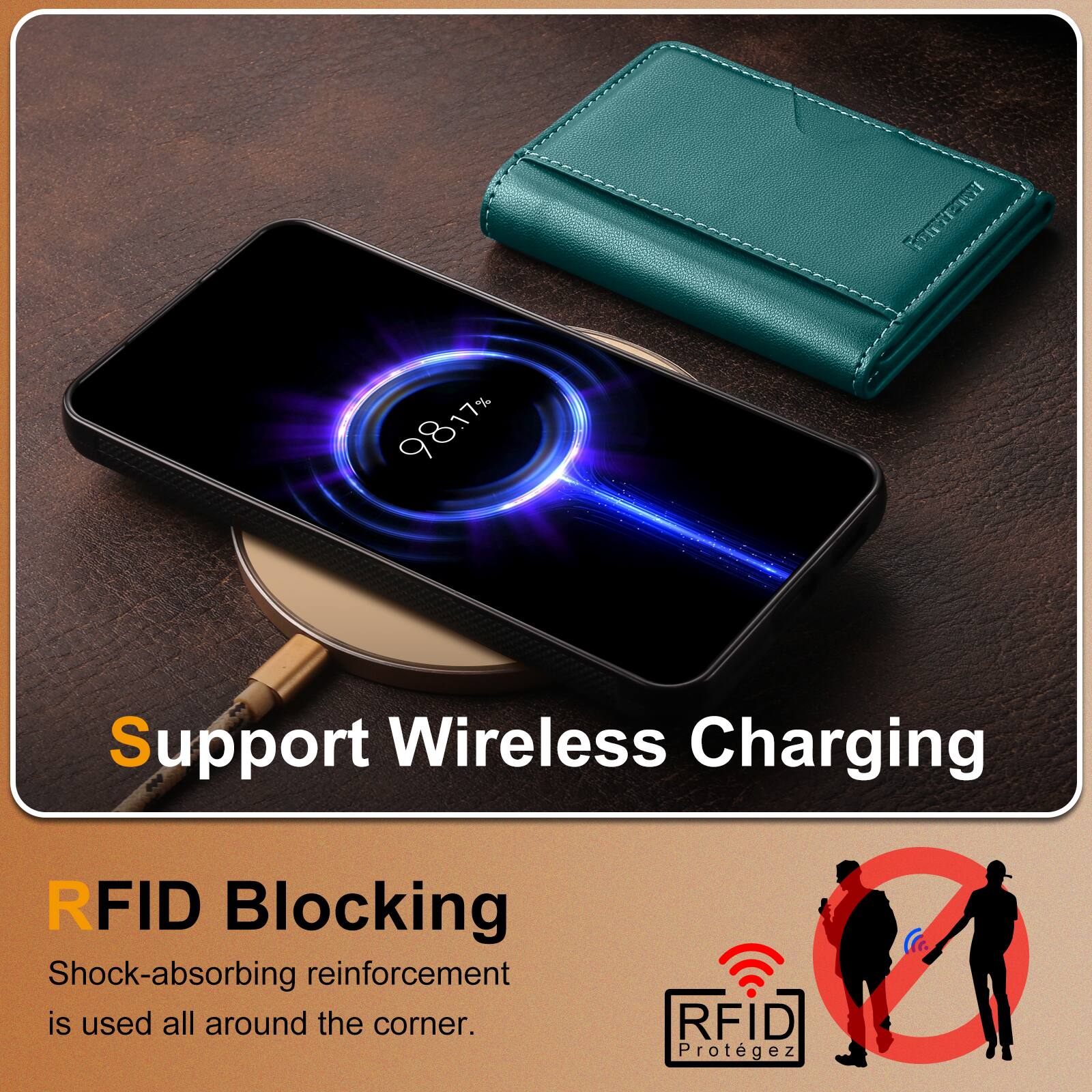 PA 98.17% Support Wireless Charging  
RFID Blocking  
Shock-absorbing reinforcement is used all around the corner.  
RFID Protégez