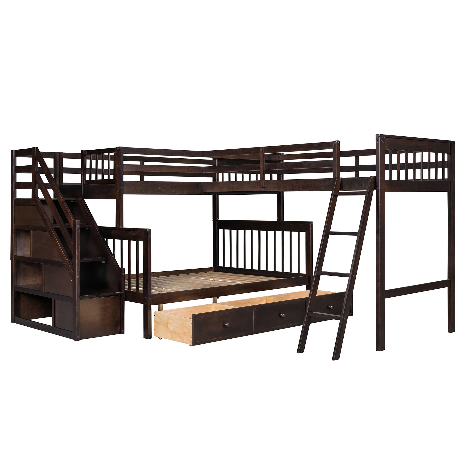 Left. Tiramisubest - Twin over Full L-Shaped Bunk Bed w/ 3 Drawers, Ladder & Staircase - Espresso: Max Space, Solid Build, Safe Design - Espresso.