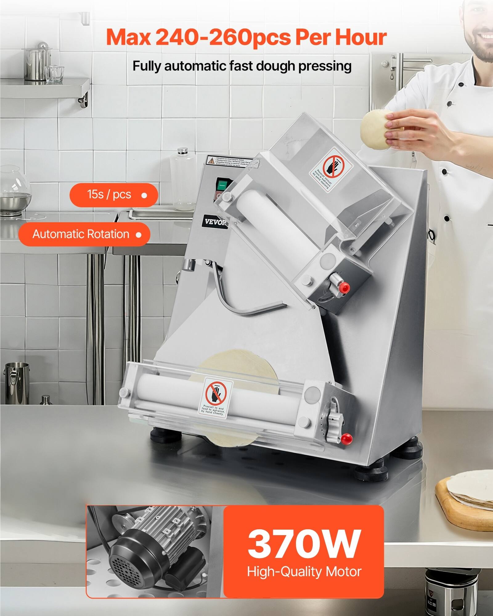 Max 240-260pcs Per Hour  
Fully automatic fast dough pressing  
15s/pcs  
Automatic Rotation  
VEVOR  
370W High-Quality Motor