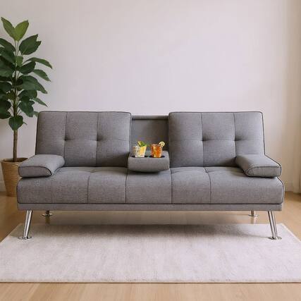 Front. Kadyn - Loveseat Sofa, Modern Couch, Convertible Folding Futon Sofa Bed Fabric with 2 Cup Holders-Light Gray - Gray.