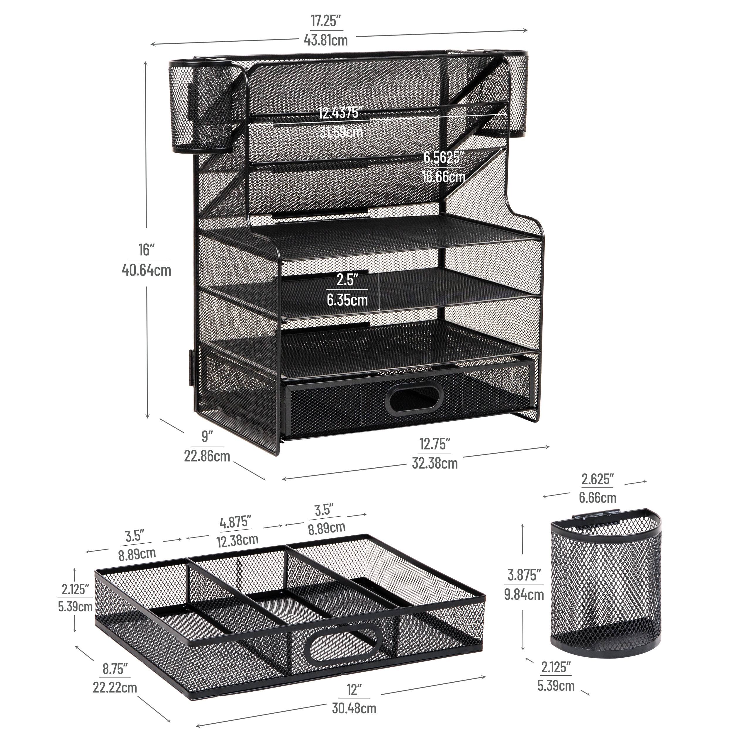 Sure, here is the corrected and grouped text from the image:

- **Width:** 17.25" (43.81 cm)
- **Height:** 16" (40.64 cm)
- **Depth:** 9" (22.86 cm)
- **Shelf 1:** 12.4375" (31.59 cm) x 6.5625" (16.66 cm)
- **Shelf 2:** 12" (30.48 cm) x 2.5" (6.35 cm)
- **Shelf 3:** 12" (30.48 cm) x 2.125" (5.39 cm)
- **Shelf 4:** 12" (30.48 cm) x 3.5" (8.89 cm)
- **Shelf 5:** 12" (30.48 cm) x 12.75" (32.38 cm)
- **Shelf 6:** 12" (30.48 cm)