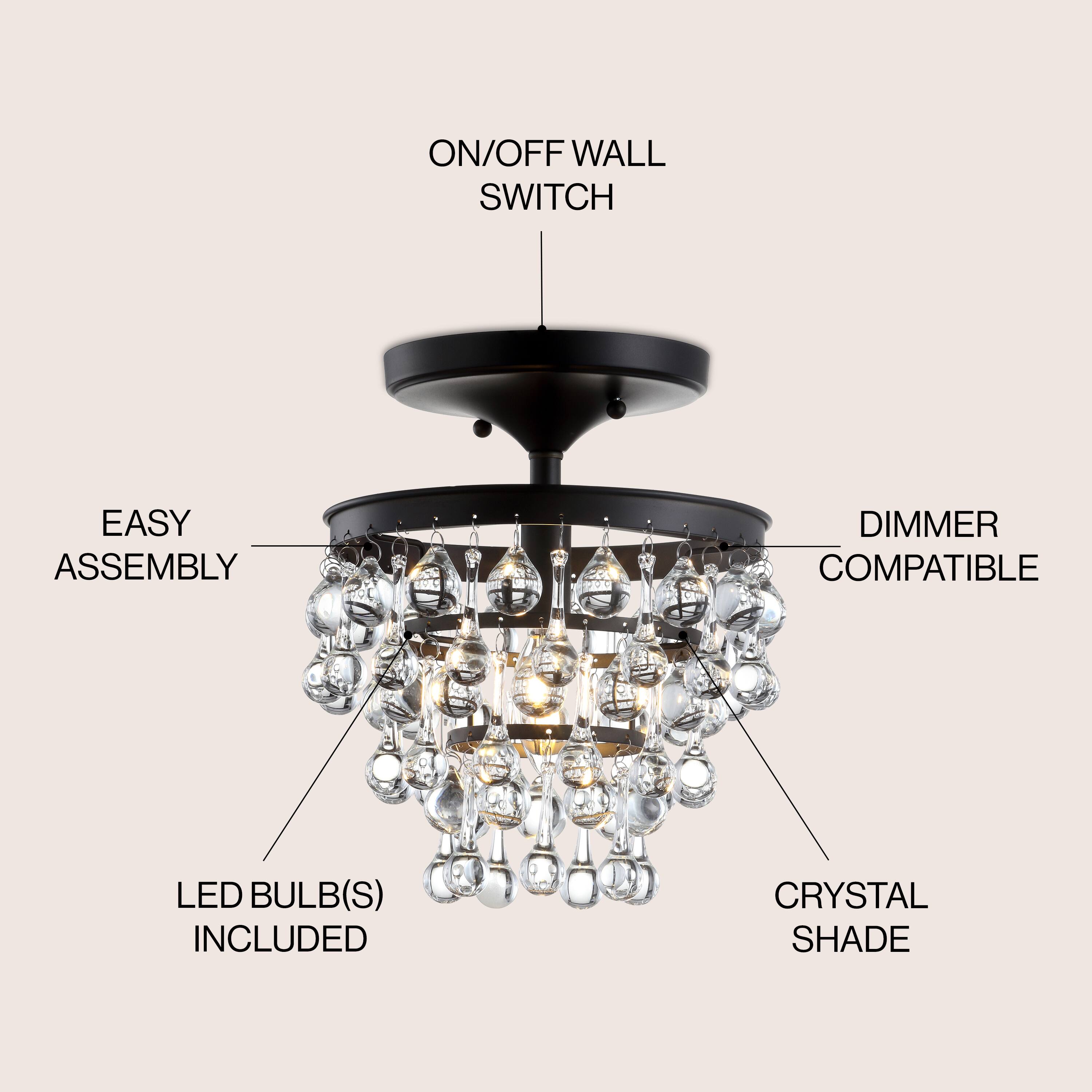 ON/OFF WALL SWITCH  
EASY ASSEMBLY  
DIMMER COMPATIBLE  
LED BULB(S) INCLUDED  
CRYSTAL SHADE