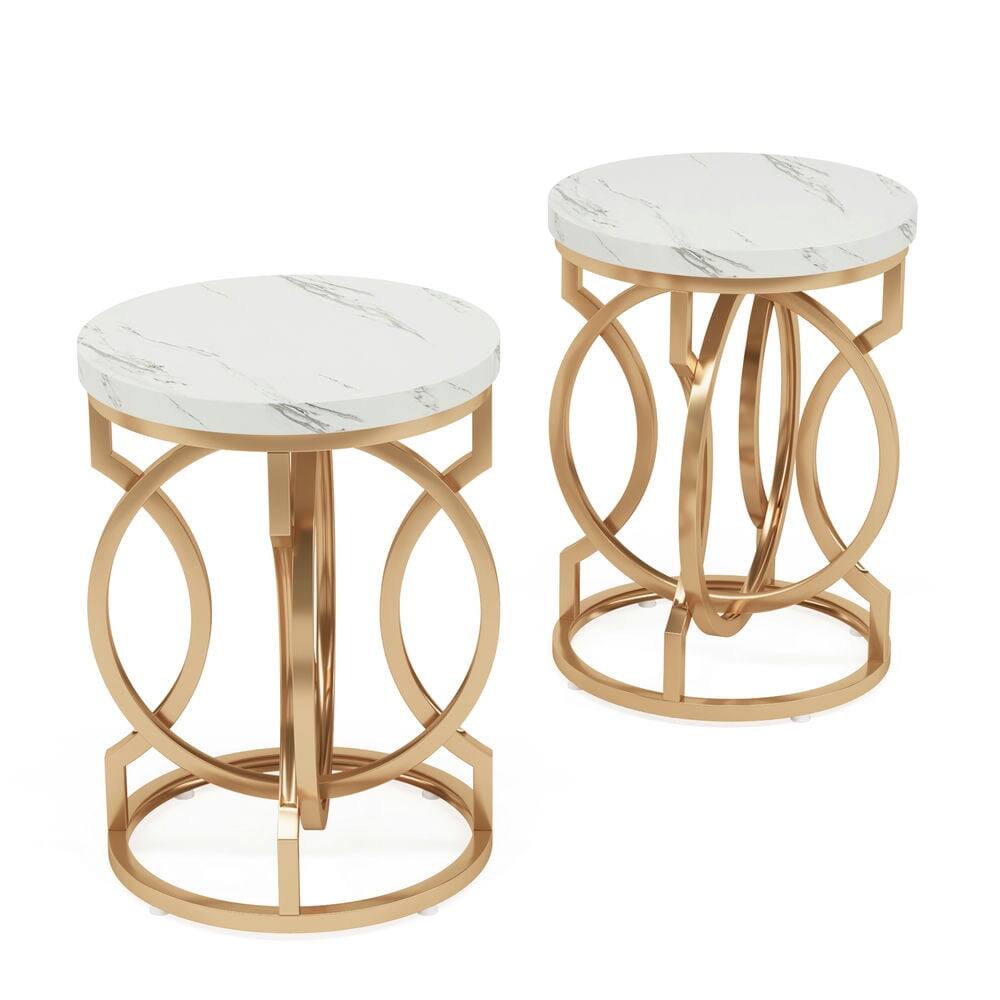 Angle. Kadyn - Kadyn Sofa Side End Table, Round Couch Table, Modern Bedside Table with Faux Marble Top,White & Gold - White.