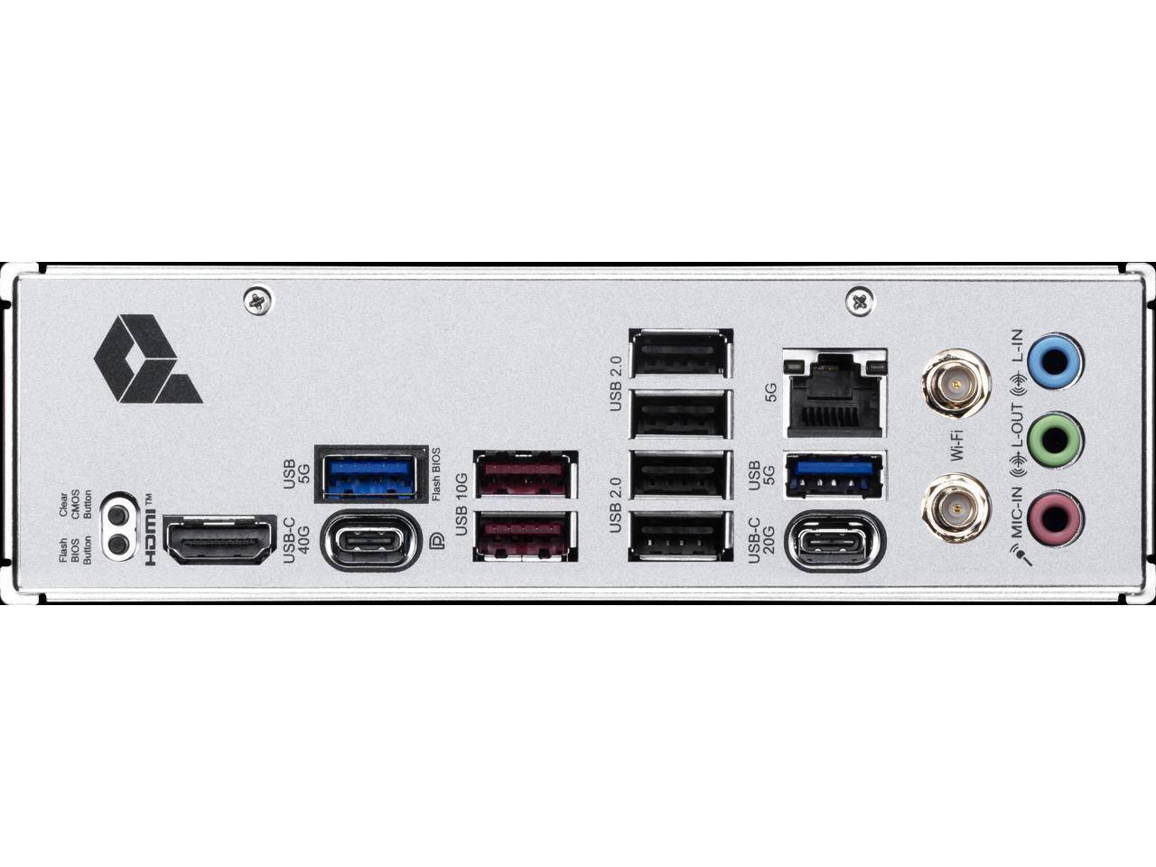Clear CMOS Button  
Flash BIOS Button  
HDMI  
USB 2.0  
USB 2.0  
USB 5G  
USB 5G  
USB-C 20G  
Wi-Fi  
L-IN  
L-OUT  
MIC-IN