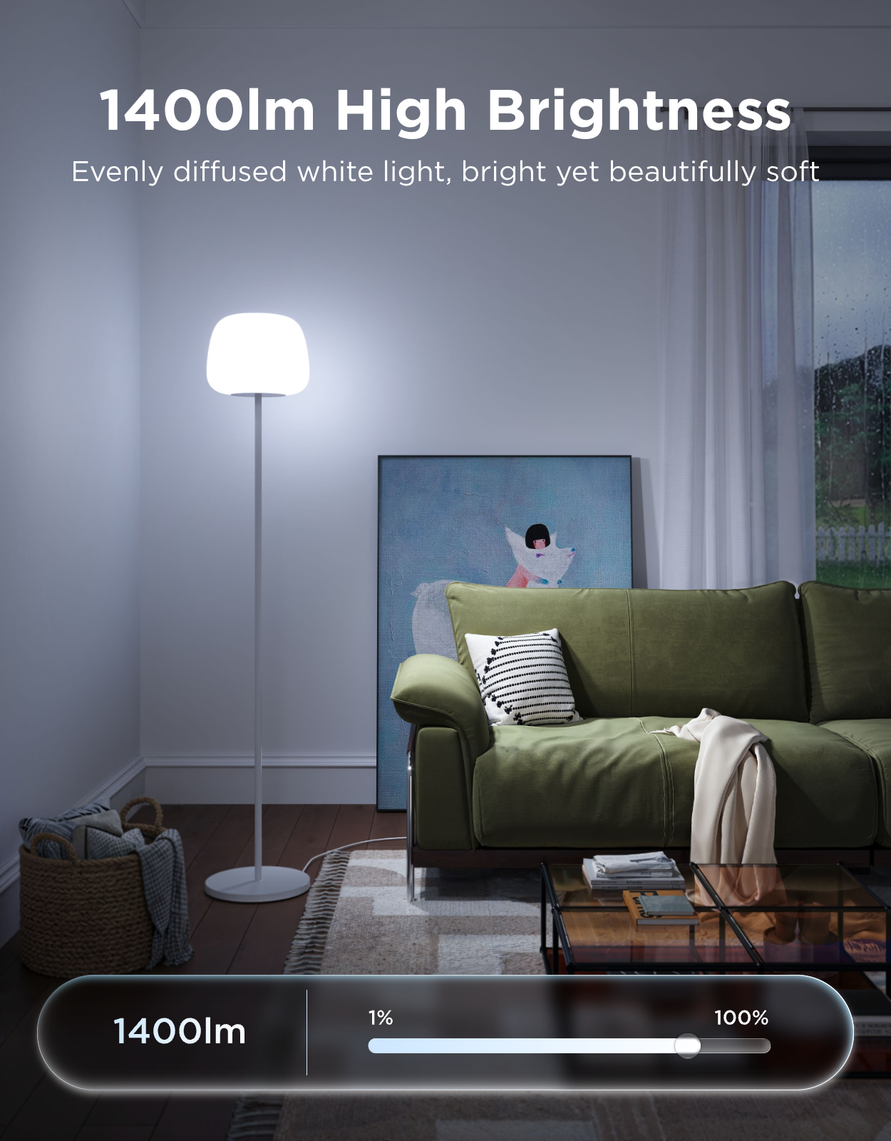 1400lm High Brightness  
Evenly diffused white light, bright yet beautifully soft  

1400lm  
1% 100%