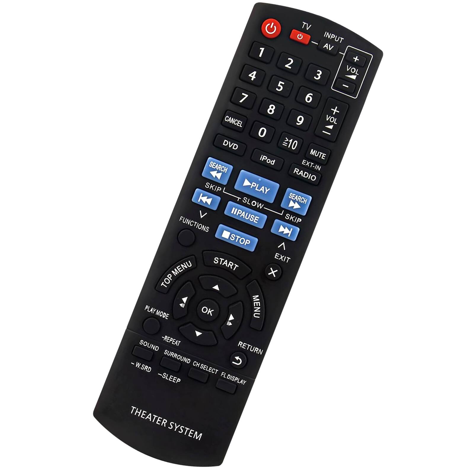 TV  
INPUT  
1 2 3 4 5 6 7 8 9 0 10  
VOL + VOL -  
DVD iPod MUTE EXT-IN RADIO  
PLAY PAUSE STOP SKIP SEARCH  
FUNCTIONS  
TOP MENU OK RETURN  
PLAY MODE  
SOUND -REPEAT SURROUND CH SELECT FL DIS  
-W.SRD -SLEEP  
DISPLAY  
THEATER SYSTEM