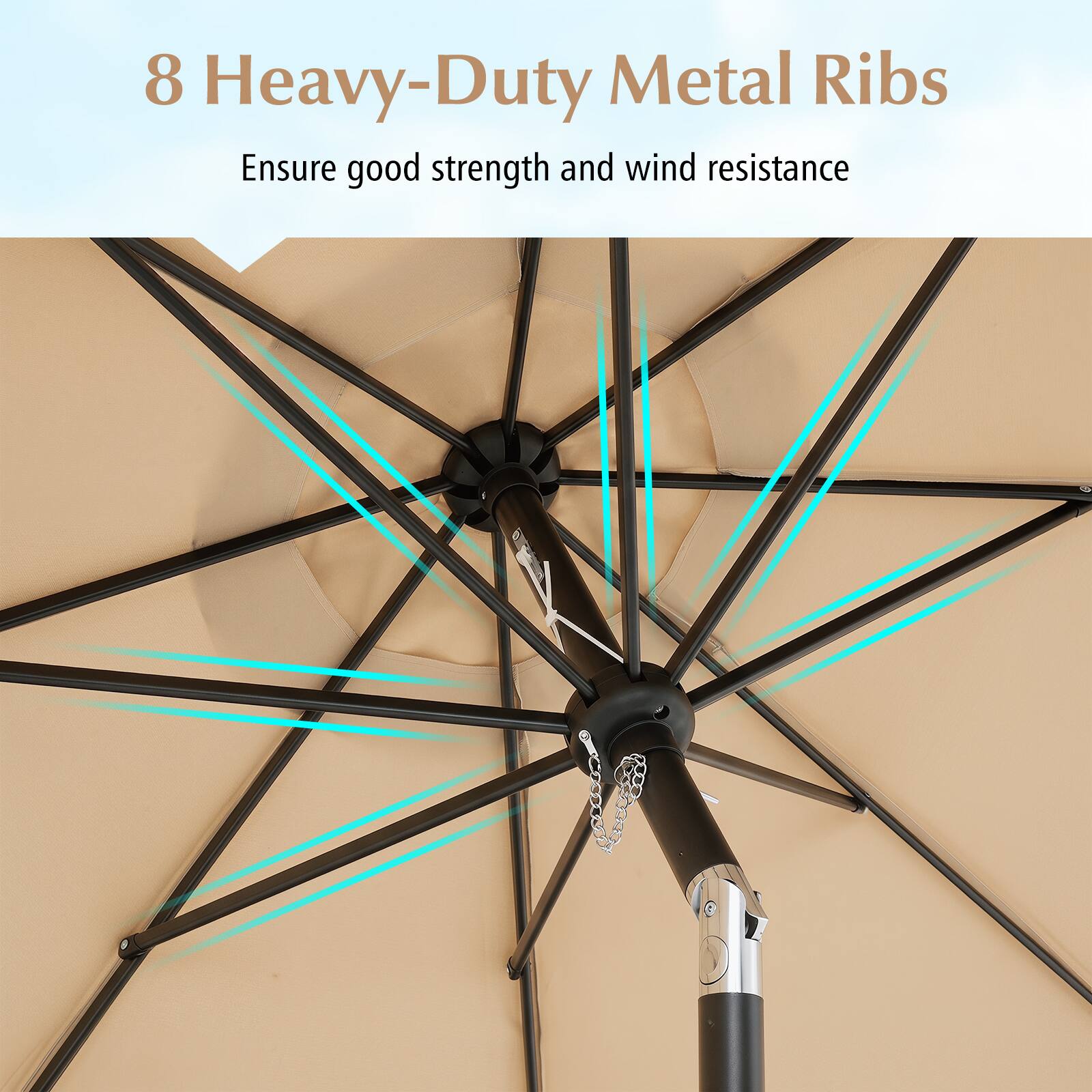 8 Heavy-Duty Metal Ribs  
Ensure good strength and wind resistance