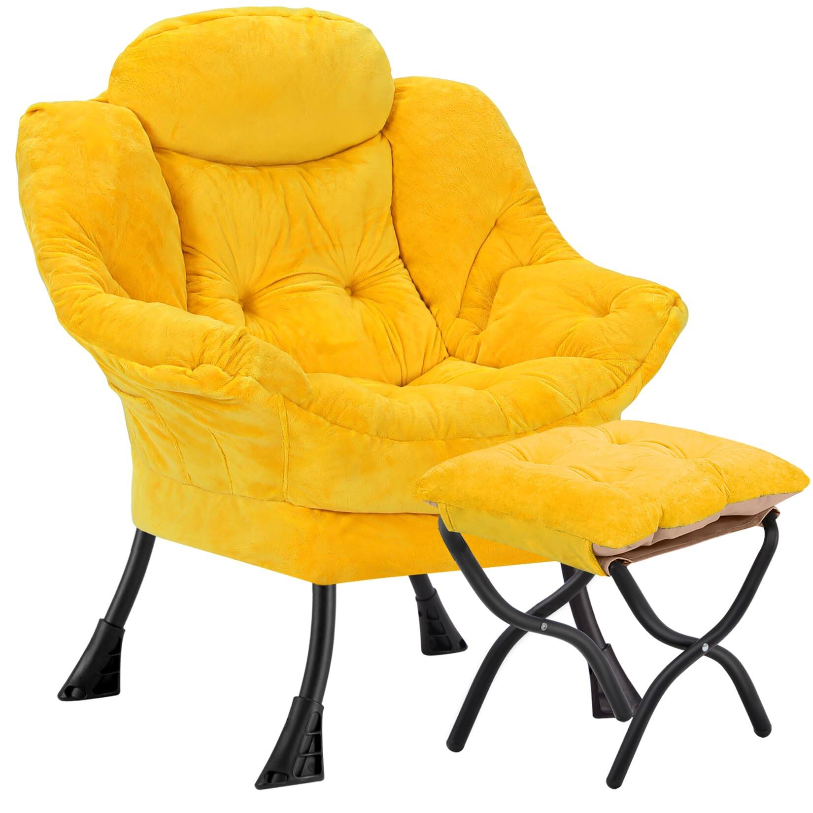 JETRANSPORT - Lazy Chair With Folding Ottoman Leisure Sofa Soft Fabric Armchair Armrests And Side Pockets Reading Footres - Plush Yellow