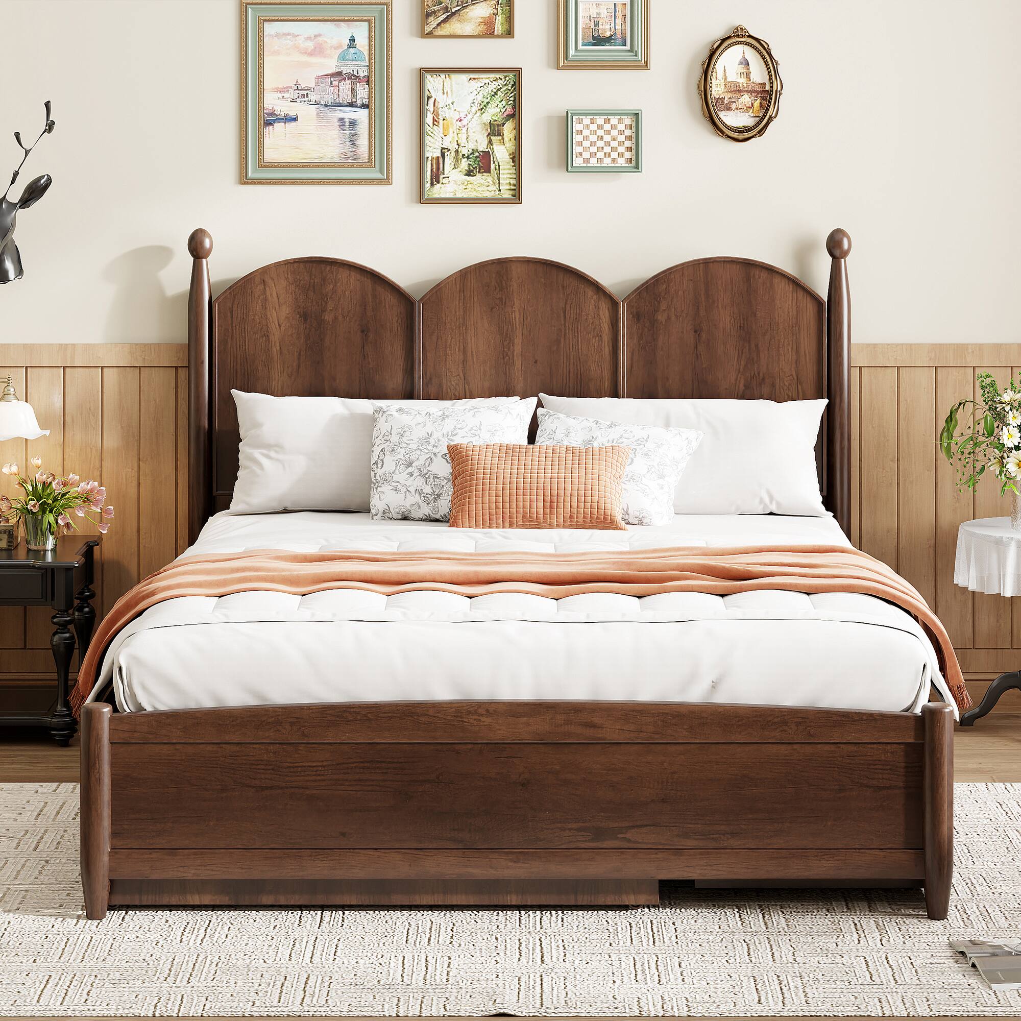 Angle. Whisen - Queen Size Platform Bed with Twin XL Trundle and Two Storage Drawers - Walnut.