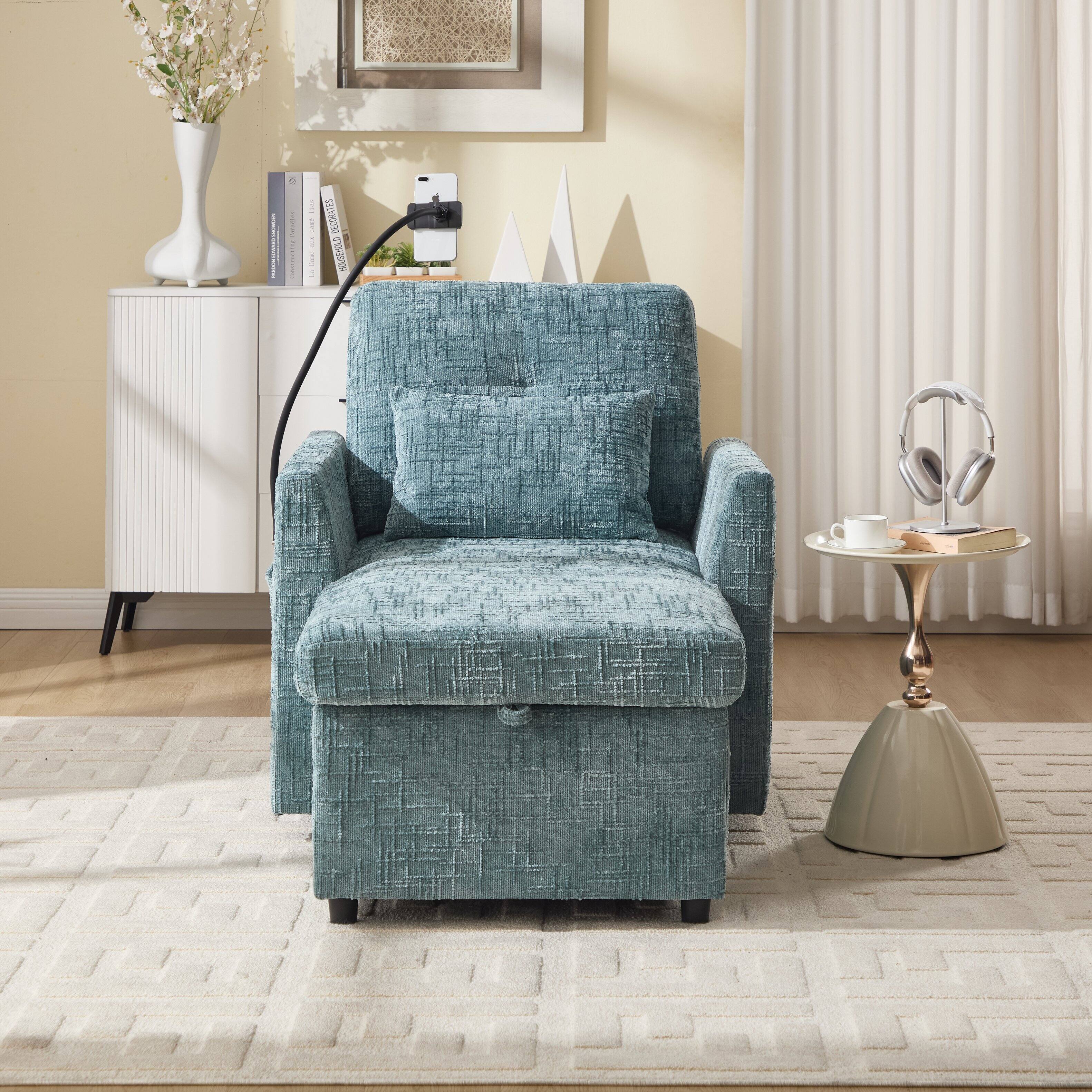 Angle. Trinkets Crazed - Lazy Person Sofa Couch, Multifunctional Chenille Single Leisure Chair with Storage Backrest, Cell Phone Bracket - Lake Blue.