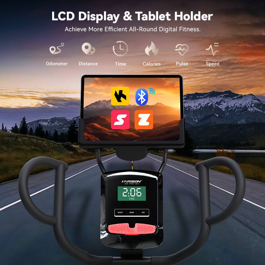 LCD Display & Tablet Holder  
Achieve More Efficient All-Round Digital Fitness.  

Odometer Distance Time Calories Pulse Speed  

2:06 TIME  

RESET MODE