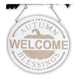 K&K Interiors - Round Wood Engraved Autumn Blessings Welcome Arrow Replacement Sign 12.5 inch - Arrow Sold Separately - White