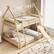 Back. Costway - Twin Over Queen Bunk Bed House Shaped Bed Frame with Climbing Nets and Ramp - Beige.
