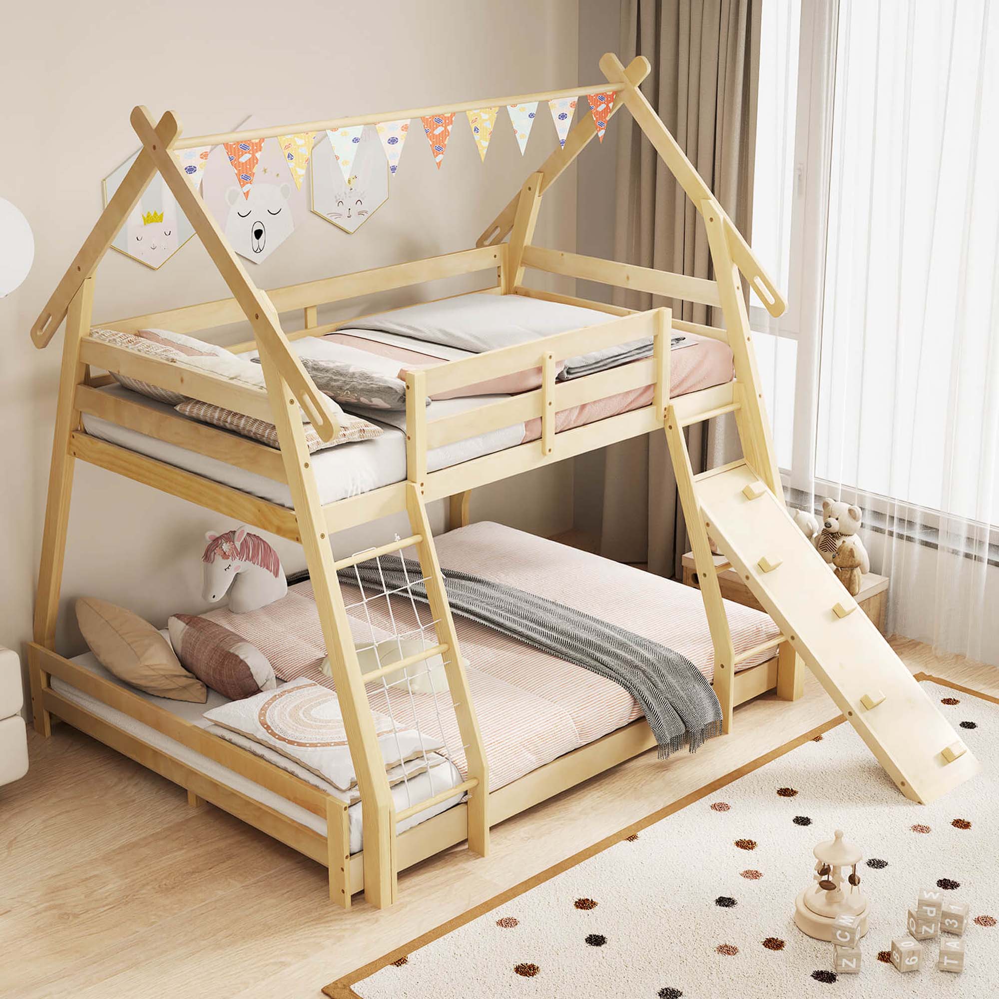 Back. Costway - Twin Over Queen Bunk Bed House Shaped Bed Frame with Climbing Nets and Ramp - Beige.