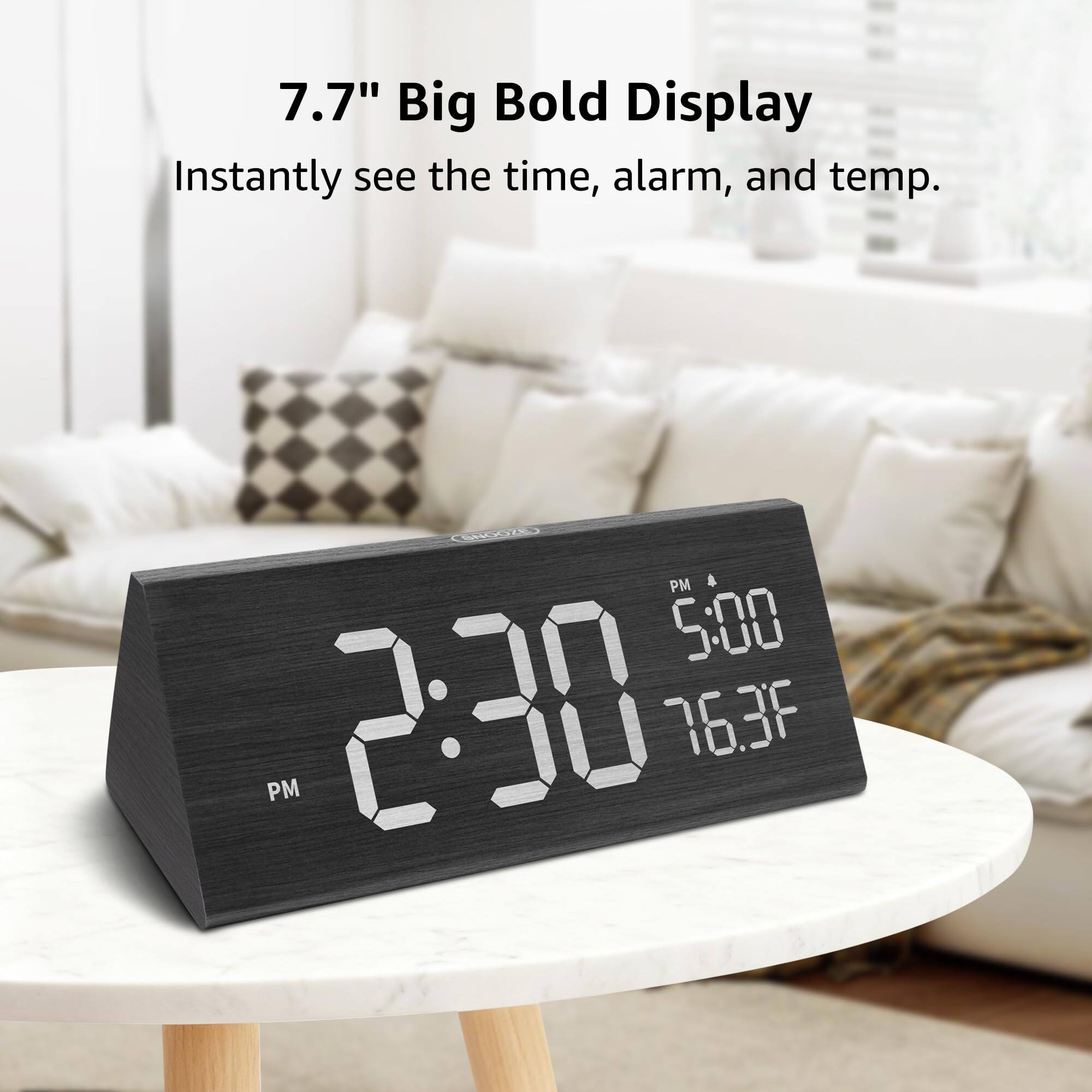 7.7" Big Bold Display  
Instantly see the time, alarm, and temp.  

2:30 PM  
5:00 PM  
76.3°F