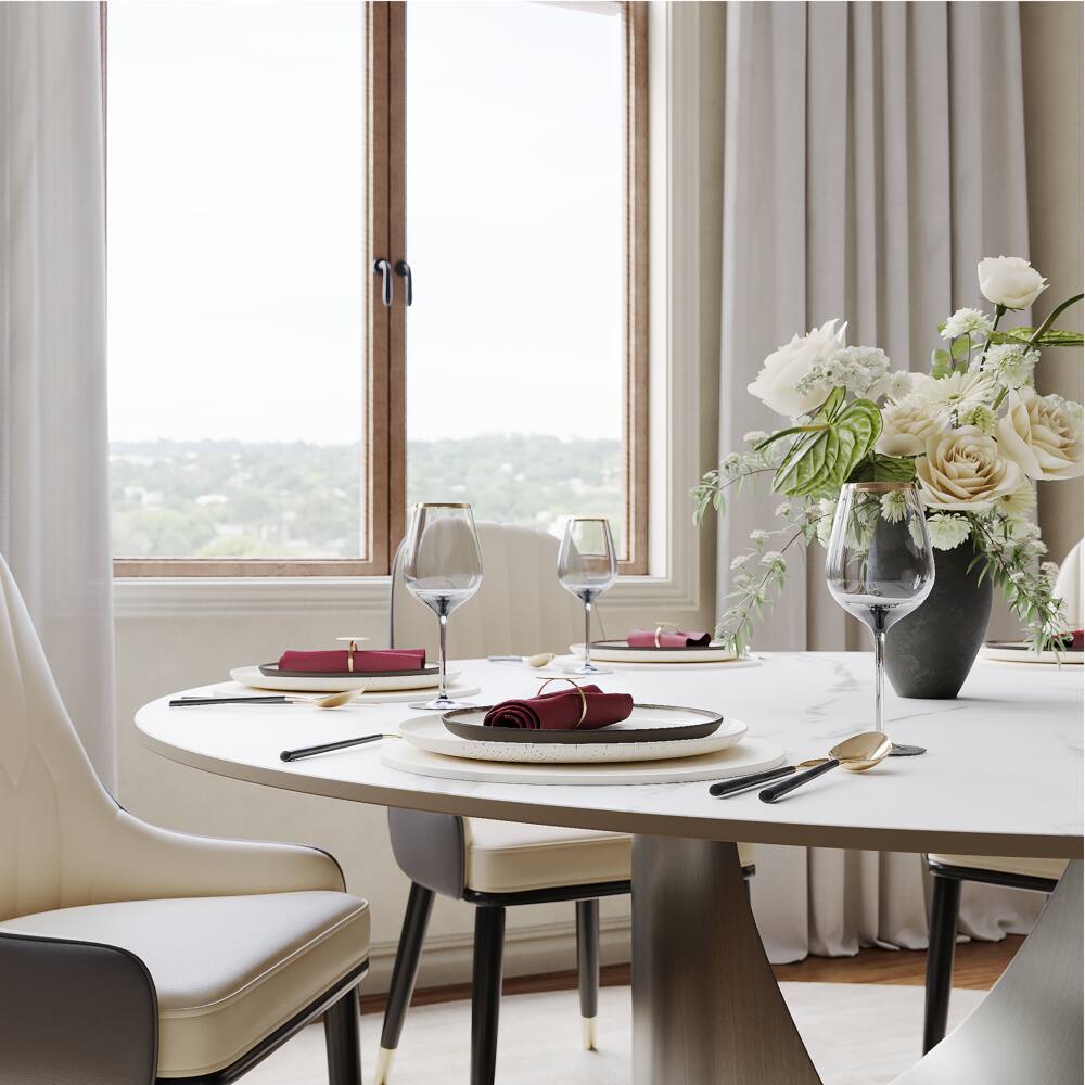 Back. POVISON - 59" Round White Matte Sintered Stone Dining Table with Gray U-shaped Steel Base - White Matte Sintered Stone with Gray Steel Base.