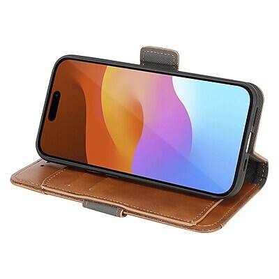 Alt View 2. SaharaCase - SaharaCase Genuine Leather Wallet Case, Tempered Glass Screen, Camera Protector for iPhone 15 Pro Max - Brown.