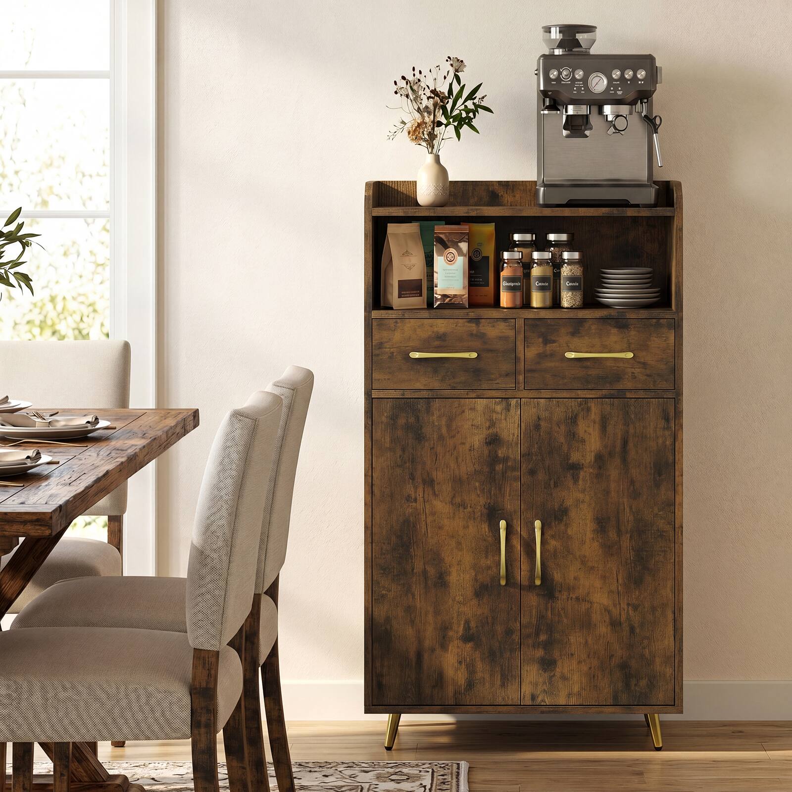 Alt View 3. Costway - Costway Bathroom Storage Cabinet with 2 Drawers and 2 Doors, Adjustable Shelf & Metal Legs - Rustic Brown.