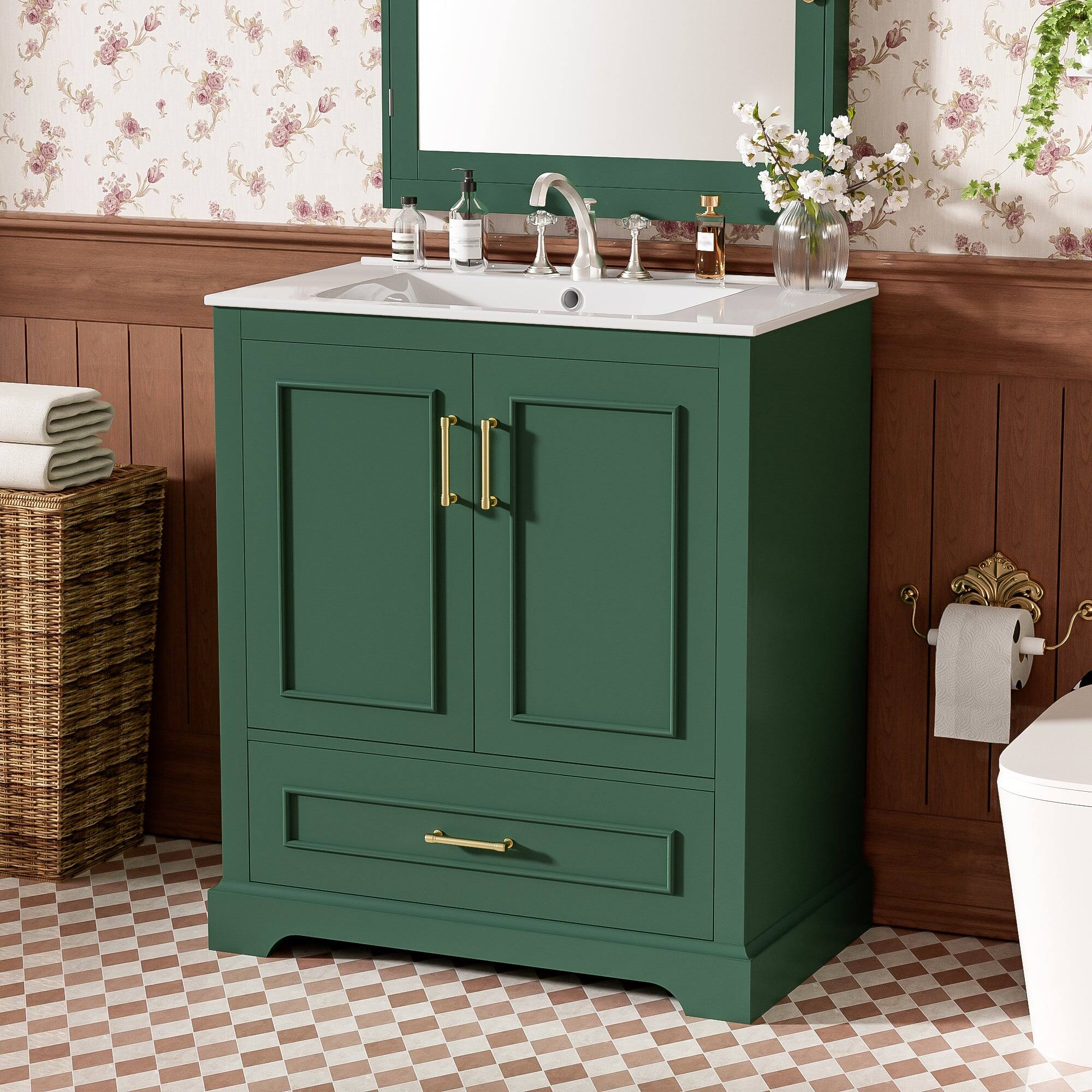 Alt View 4. Boyel Living - 30 Inch Green Bathroom Vanity with Ceramic Sink Soft Close Doors Divider Drawer Double Door Shelves - Black.