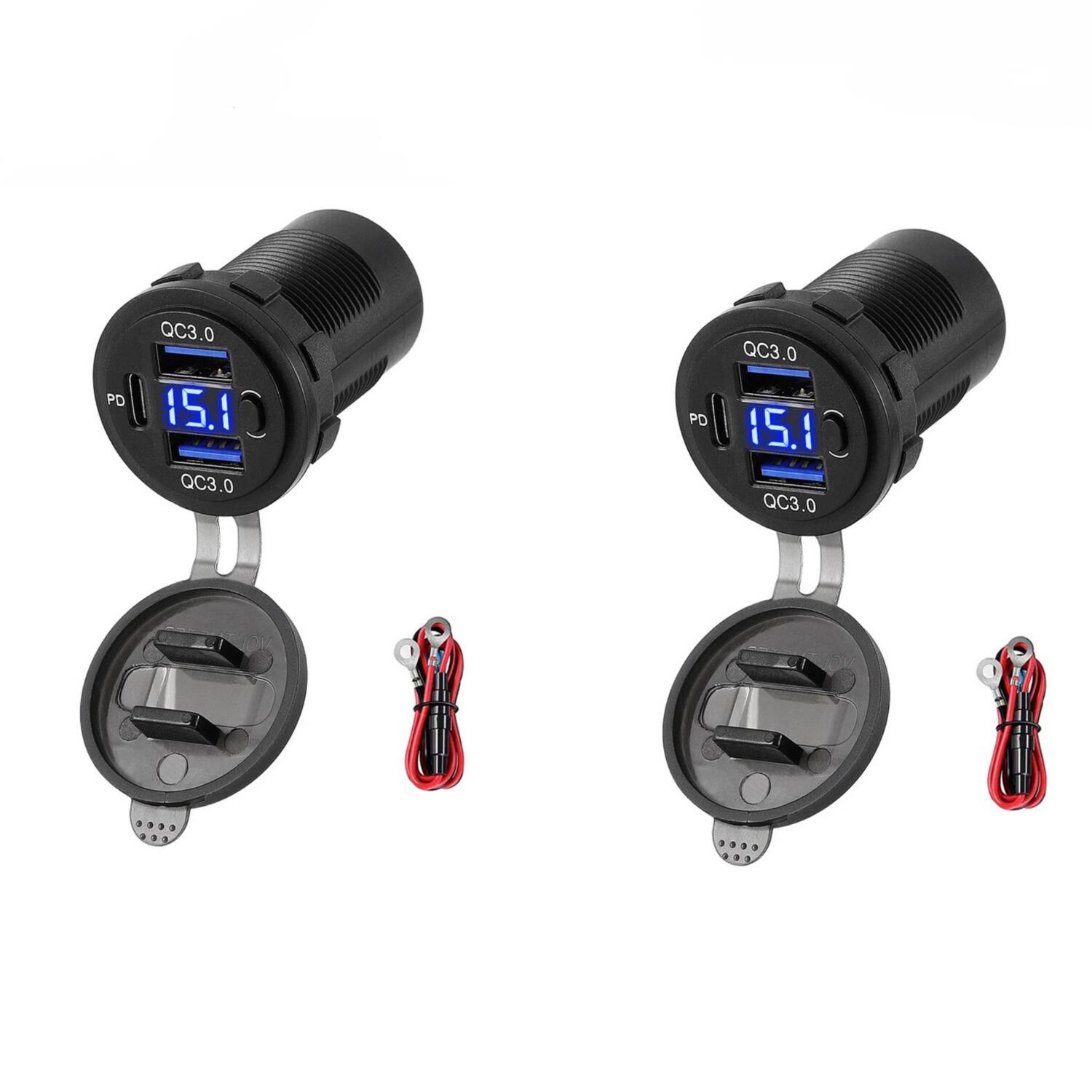 Stock Preferred - 12V-24V Dual USB Car Charger Socket with PD + QC3.0 Fast Charging 2 Pack - Black