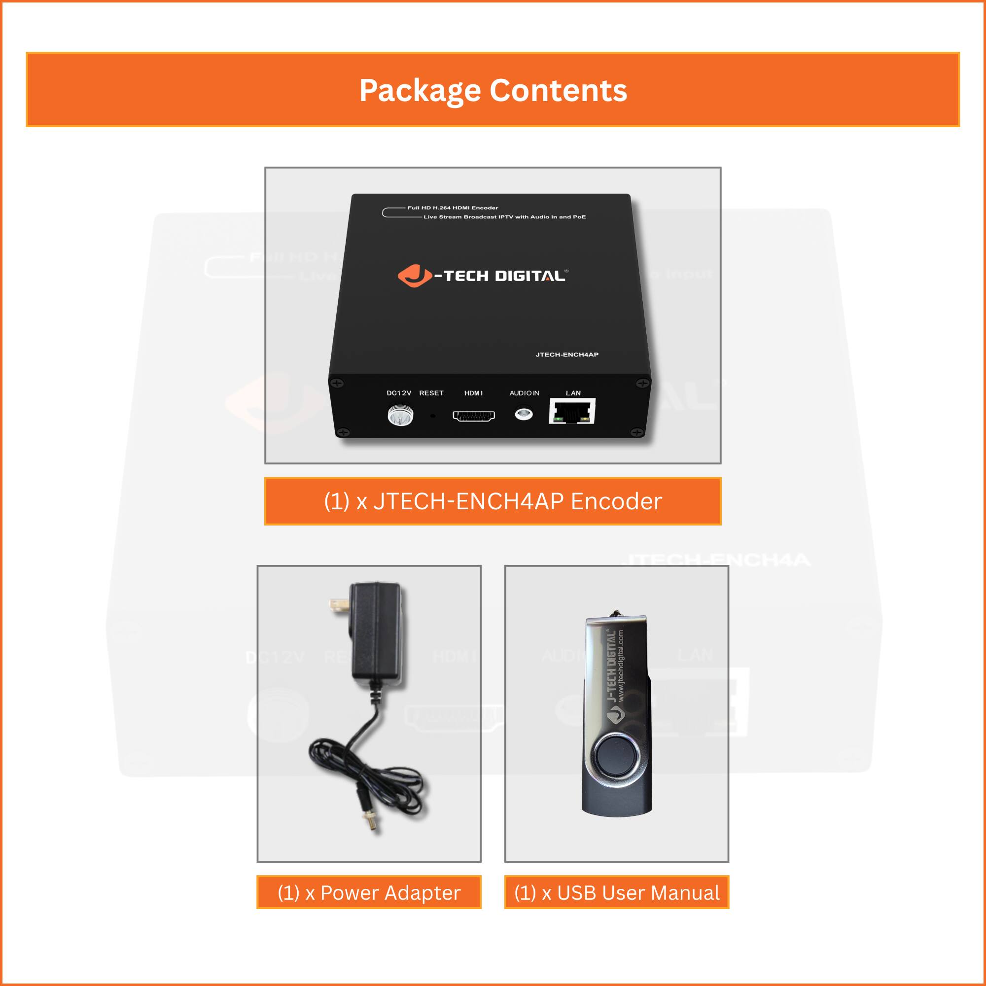 Package Contents

- (1) x JTECH-ENCH4AP Encoder
- (1) x Power Adapter
- (1) x USB User Manual