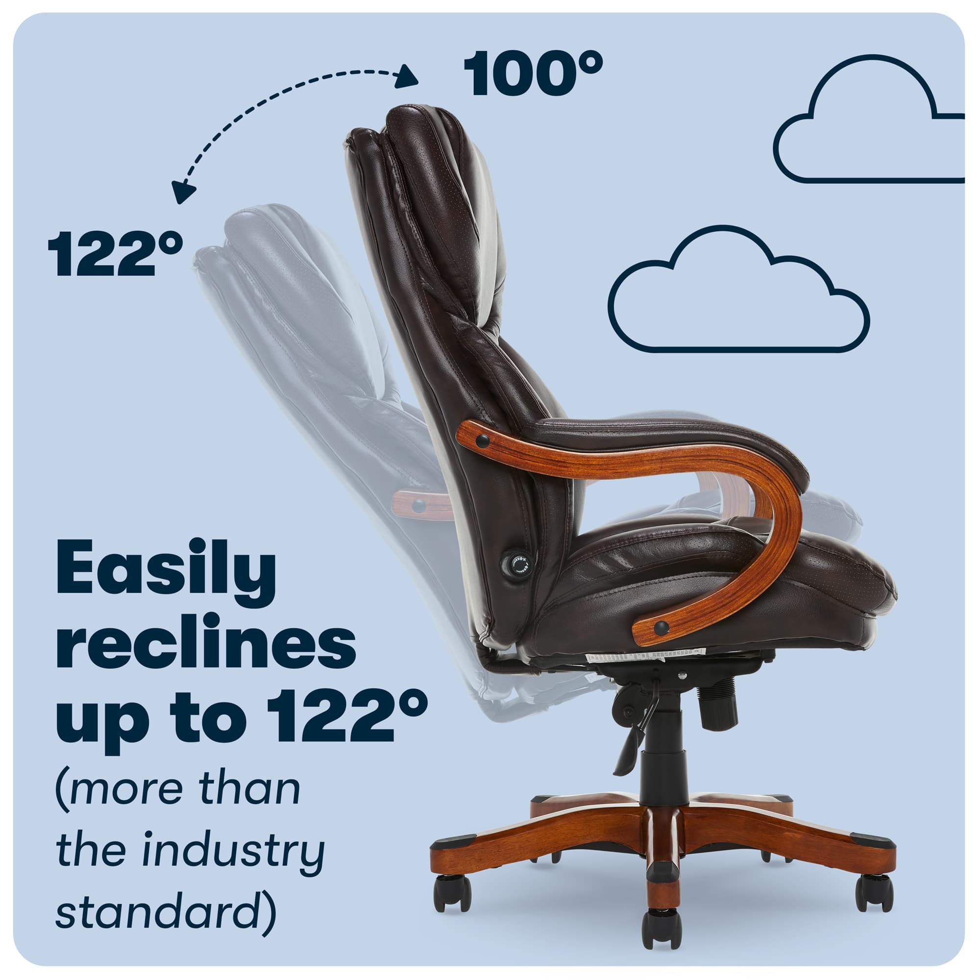 The image features a black leather office chair with wooden arms, which is designed to easily recline up to 122 degrees. This is more than the industry standard, making it a comfortable and convenient choice for users. The chair is shown in a reclined position, emphasizing its ability to provide a relaxing and supportive seating experience.