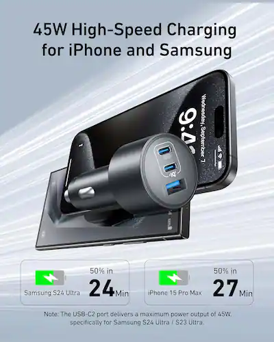 cigarette charger for iphone onn 24W Dual USB-A Port Car With 3ft A-Lighting Cable, MFI Certified, Black with a maximum output of 32W in total iPhone Car Charger Fast Charging,