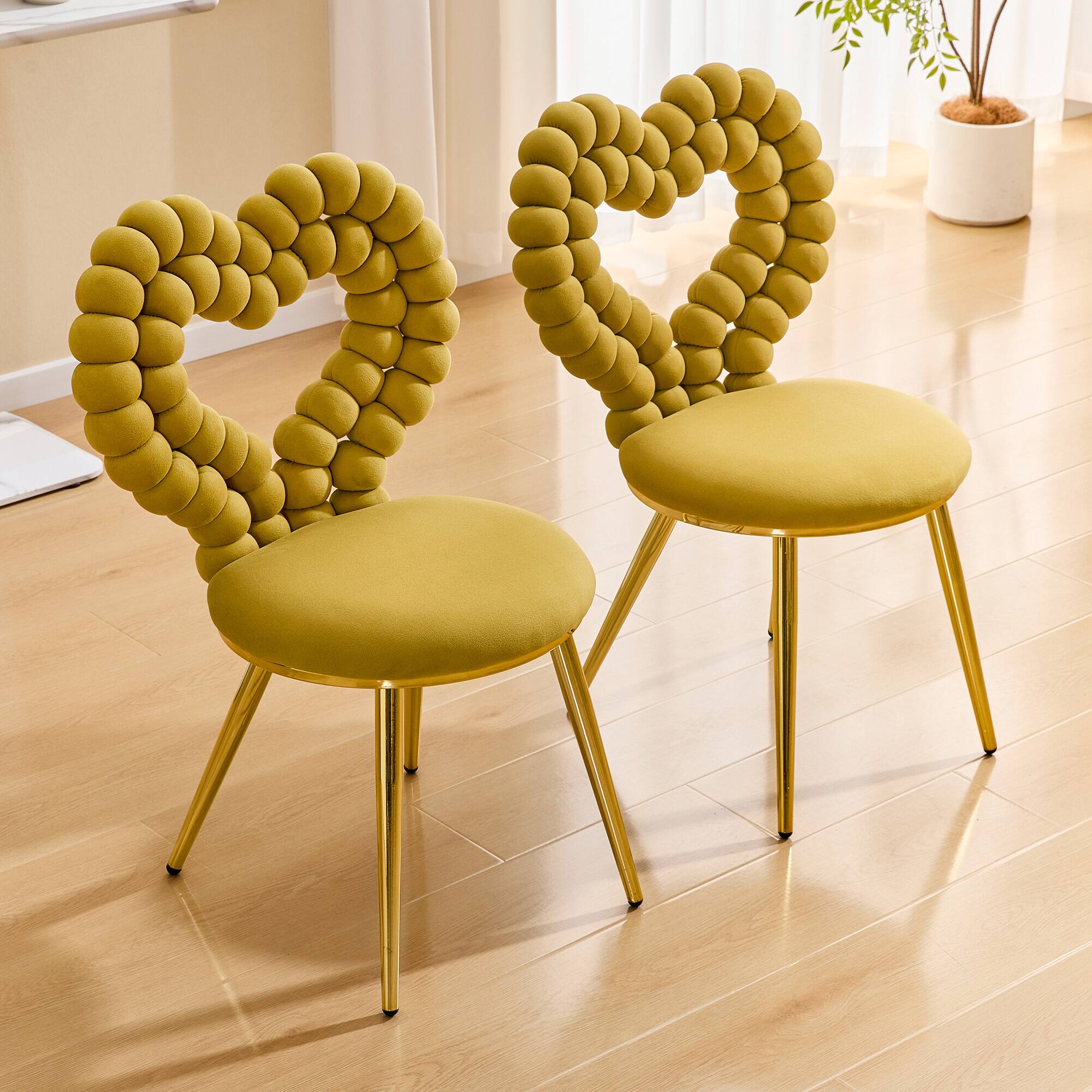 Back. Loheer - Loheer Heart Accent Chair Yellow Velvet Decorative Side Chair for Vanity Dining Room with Gold Metal Frame 2.9 ft - Gold,Yellow.
