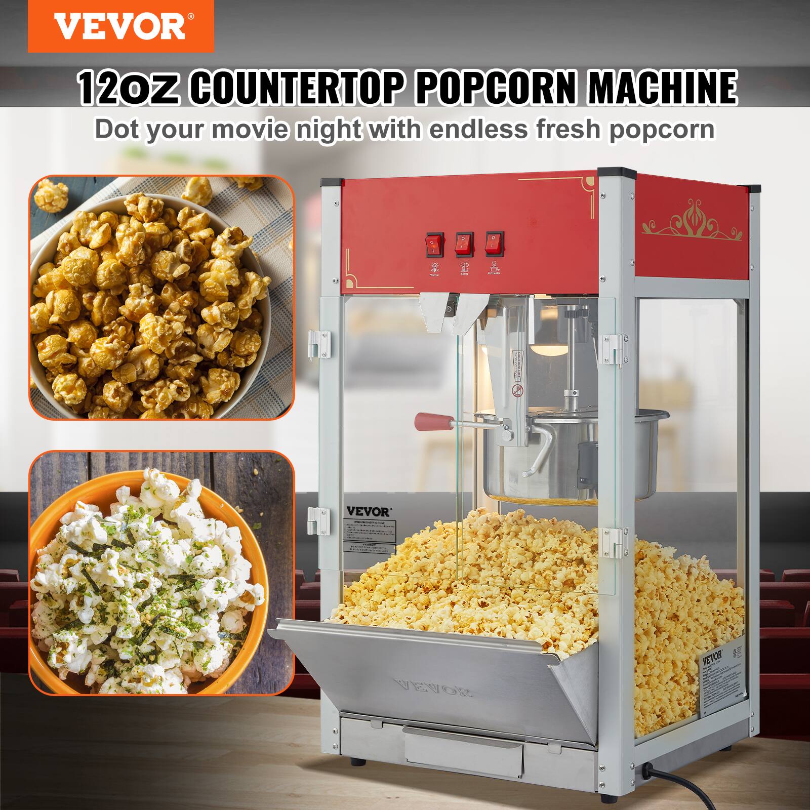 VEVOR 12OZ COUNTERTOP POPCORN MACHINE  
Dot your movie night with endless fresh popcorn