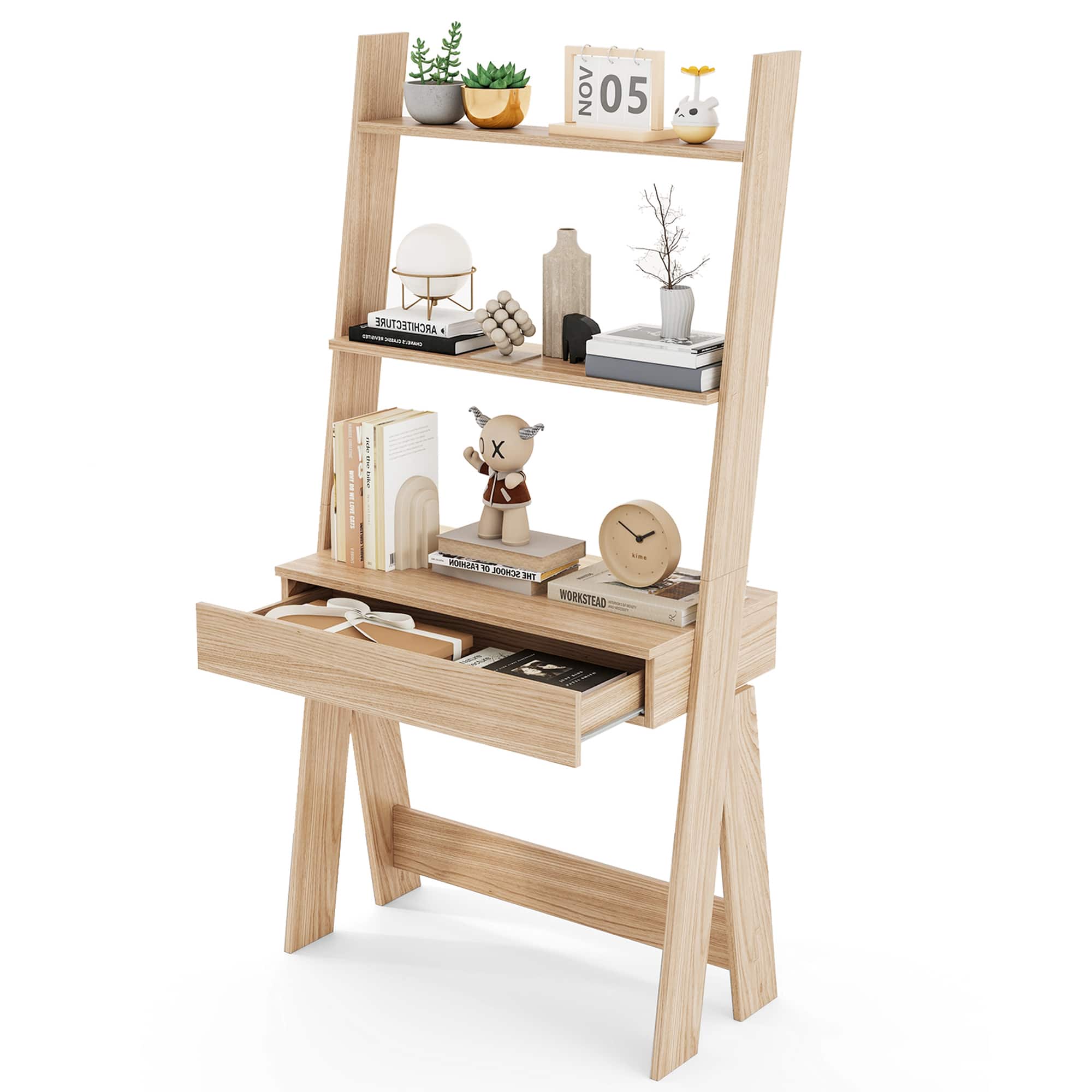 Costway - Home Office Ladder Desk Wall-Leaning Laptop Workstation with Storage Shelves - Natural