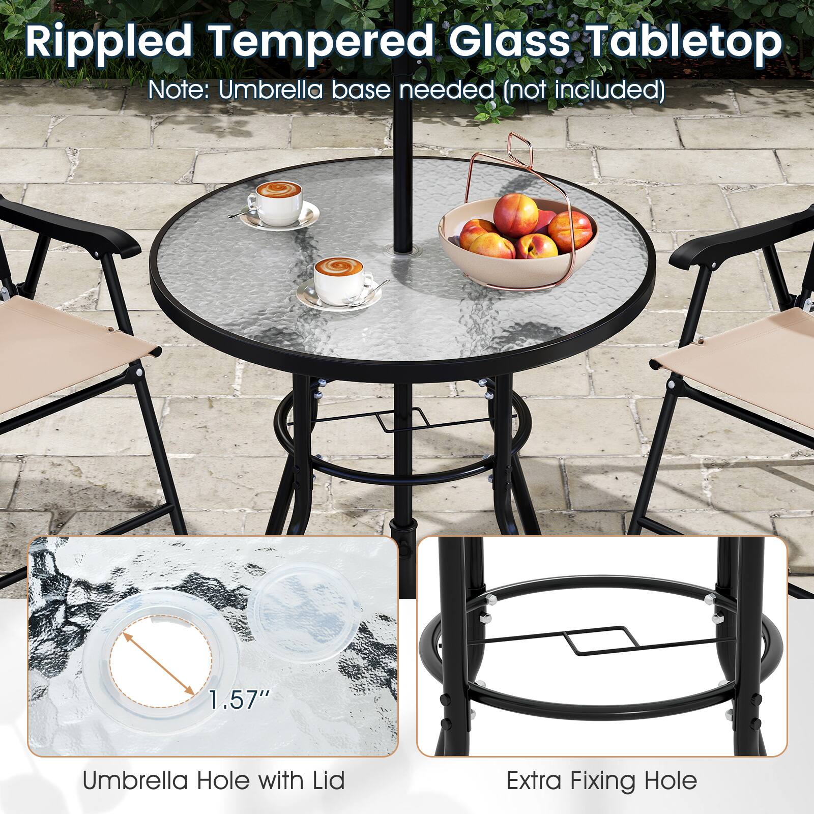 Rippled Tempered Glass Tabletop  
Note: Umbrella base needed (not included)  

1.57"  
Umbrella Hole with Lid  
Extra Fixing Hole
