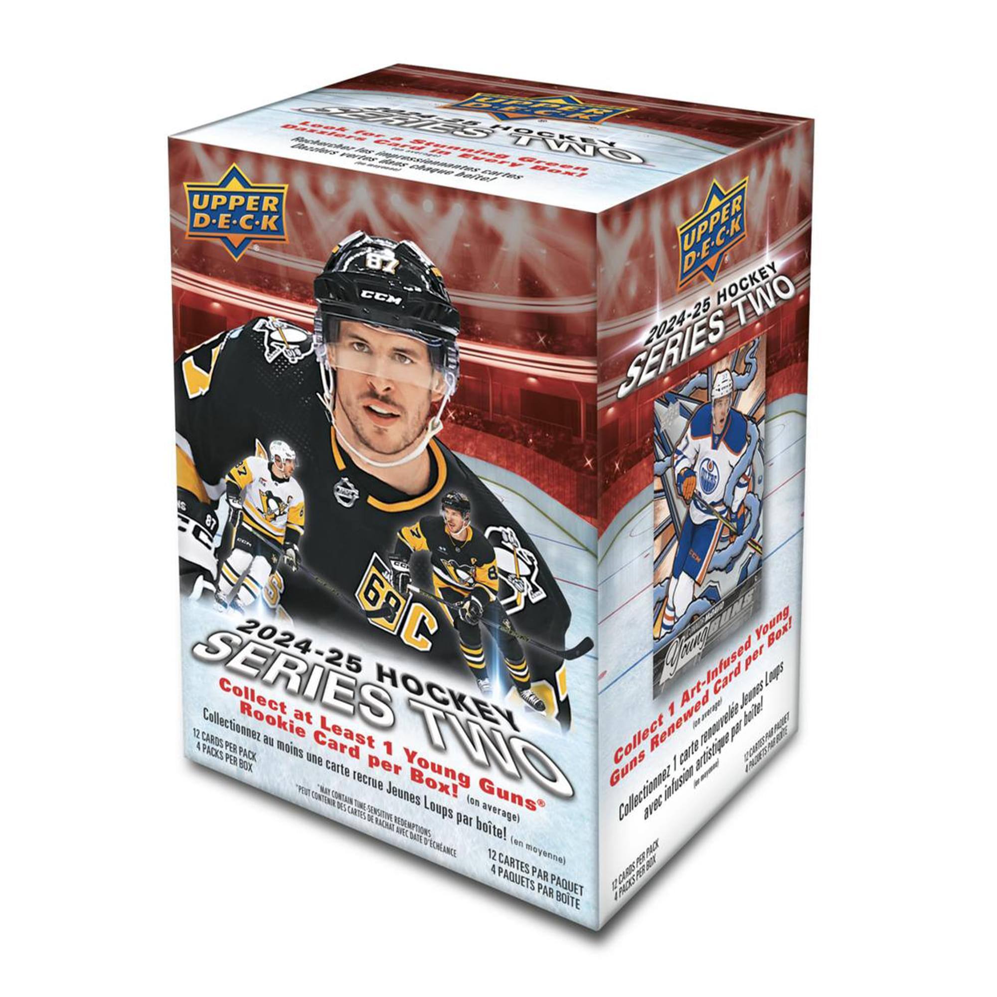 Sure, here is the corrected and grouped text from the image:

---

**Upper Deck Hockey 2024-25 Series Two**

**Collect at Least 1 Young Guns Card per Box!**

- **12 Cards per Pack**
- **4 Packs per Box**

**Collect 1 Art-Infused Card per Box!**

**Collect 1 Renewed Card per Box!**

**Young Guns Collection**

**12 Cartes par Paquet**
**4 Paquets par Boîte**

**Collectez au moins une carte Young Guns par boîte!**

**Collectez 1 carte artistique par boîte!**

**Collectez 1 carte renouvelée par boîte!**

---

This text is organized to reflect the information on the box, including the series name, collection details, and multilingual descriptions.