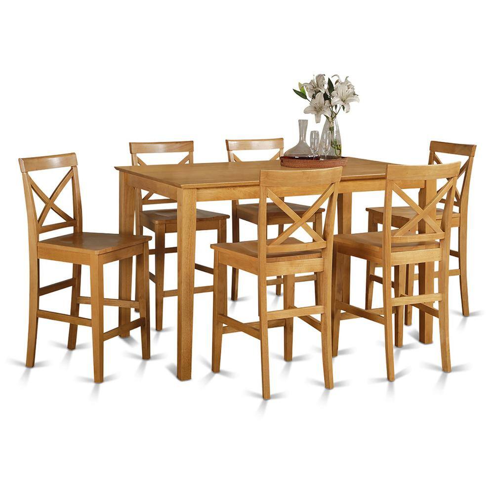 Front. East West Furniture - 7 Pc pub Table set- Table and 6 Kitchen bar stool - Oak.