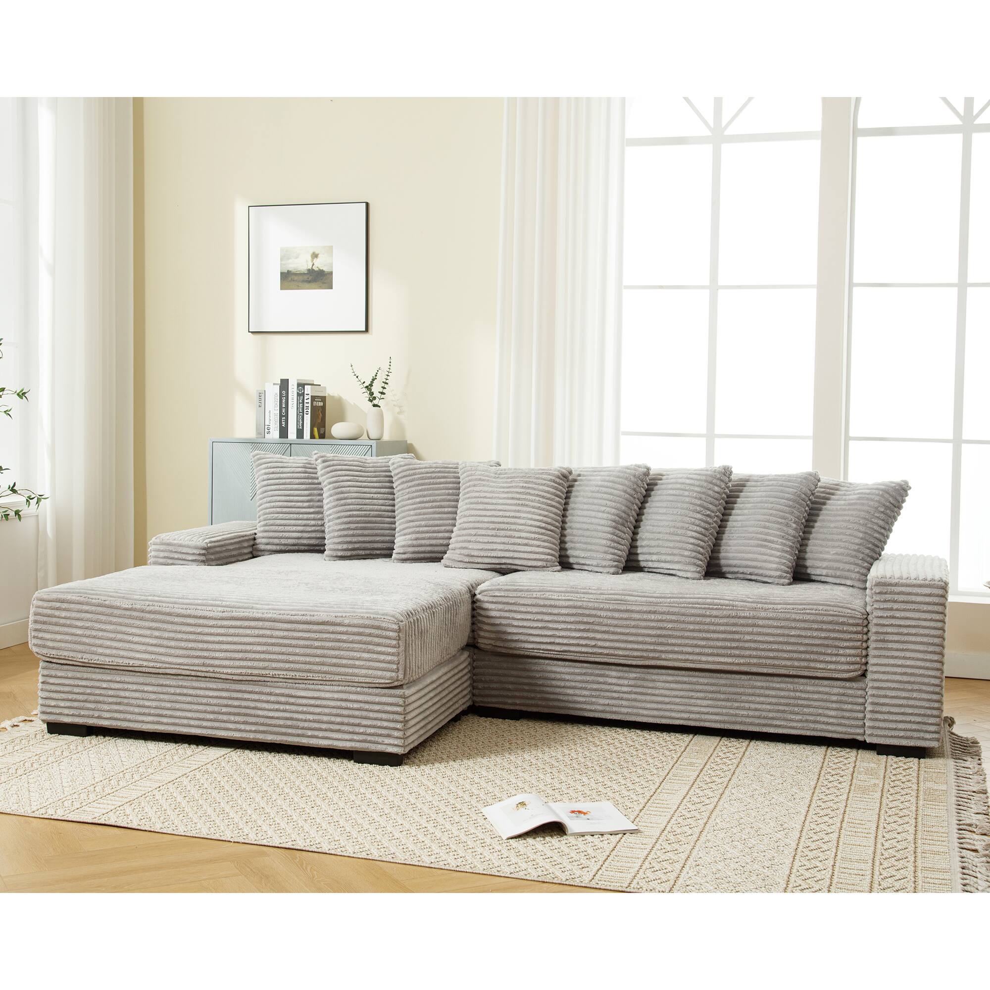 Front. Tiramisubest - Oversized Two-Piece Couches,L Shaped Sofa,Corduroy,Left Chaise Daybed with Armrests,Eight Throw Pillows,Gray - Gray.