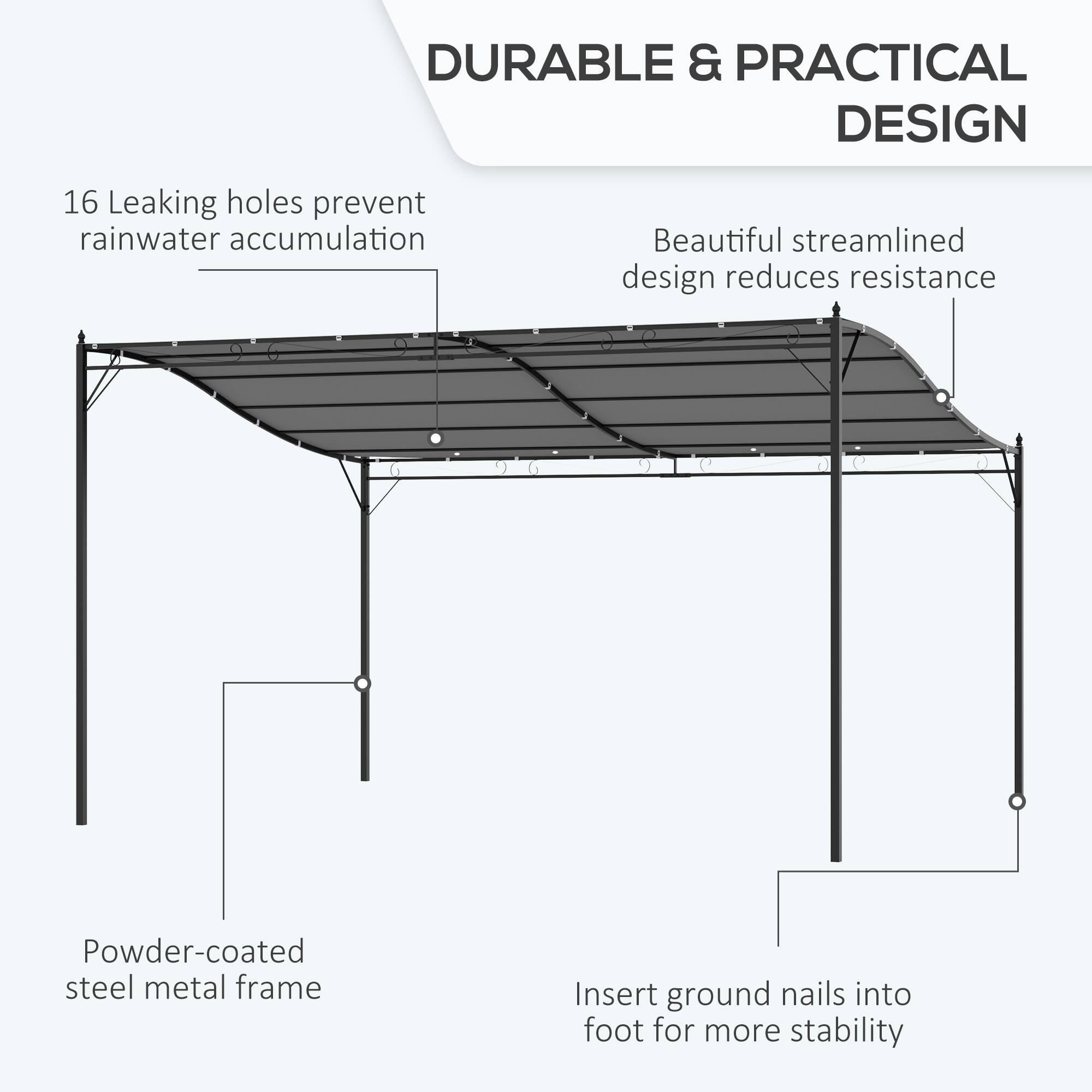 DURABLE & PRACTICAL DESIGN

16 Leaking holes prevent rainwater accumulation
Beautiful streamlined design reduces resistance
Powder-coated steel metal frame
Insert ground nails into foot for more stability