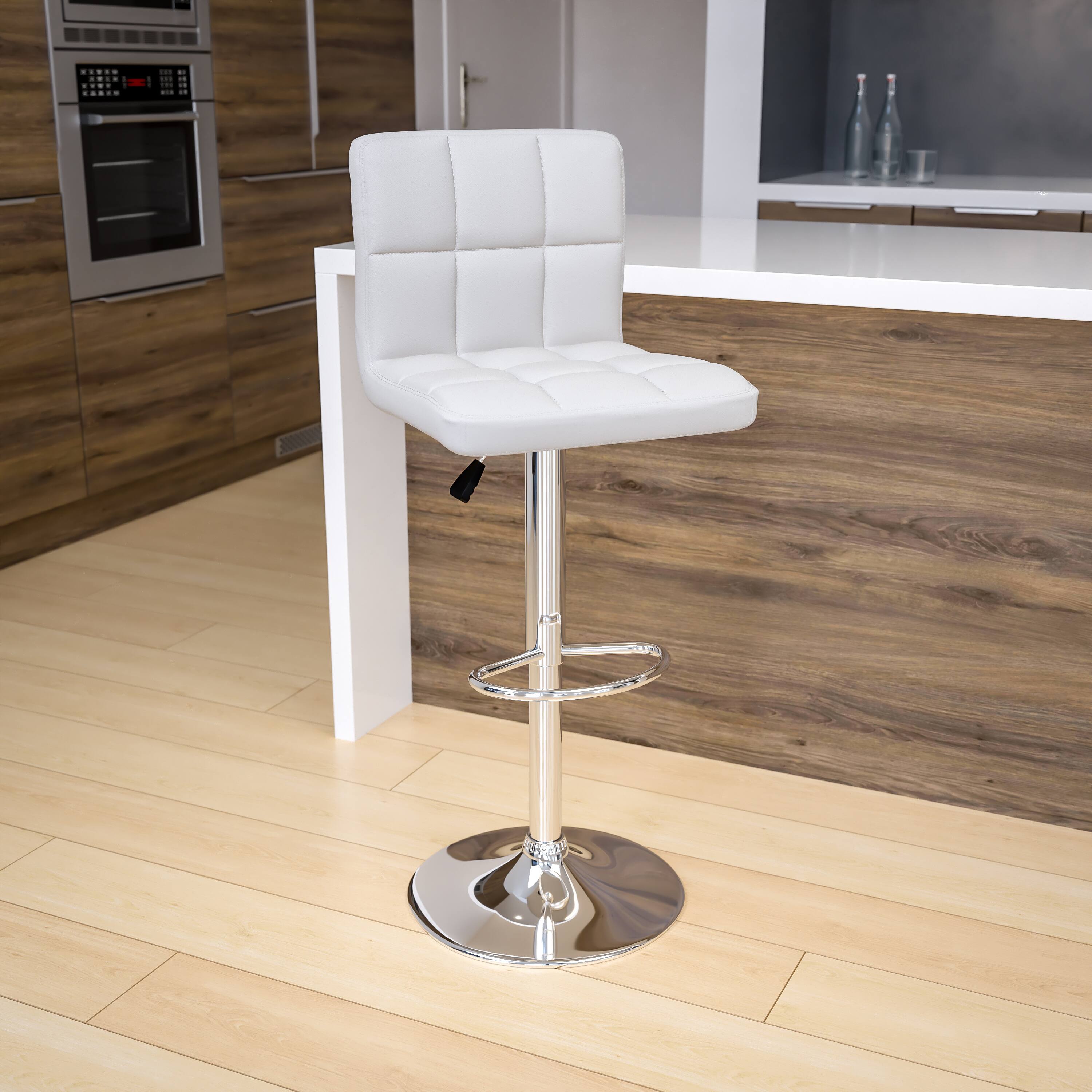 Front. Emma + Oliver - Quilted Vinyl Swivel Adjustable Height Barstool with Chrome Base - White.