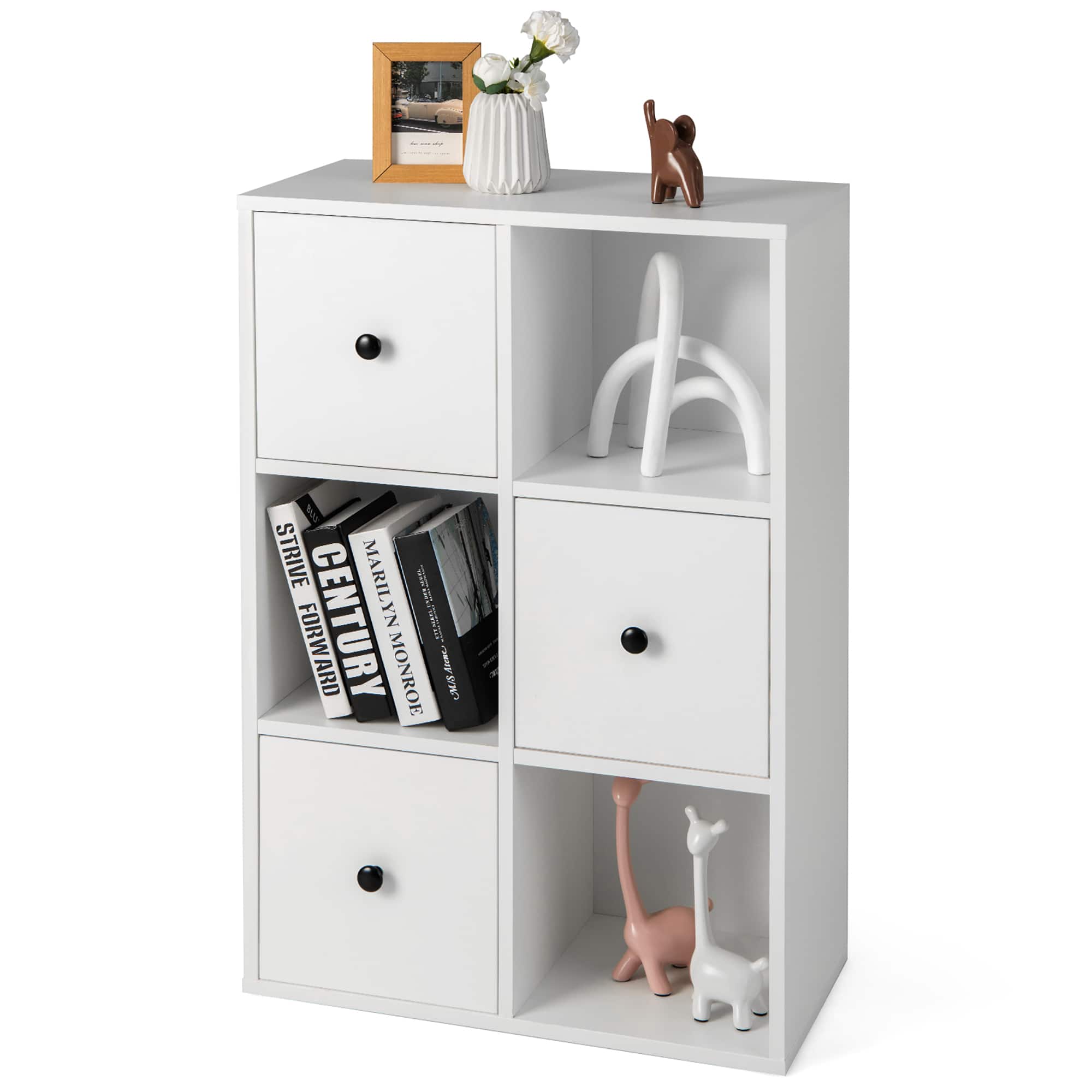 Costway - 6-Cube Bookcase Storage Organizer with 3 Open Cubes 3 Drawers for Home Office - White