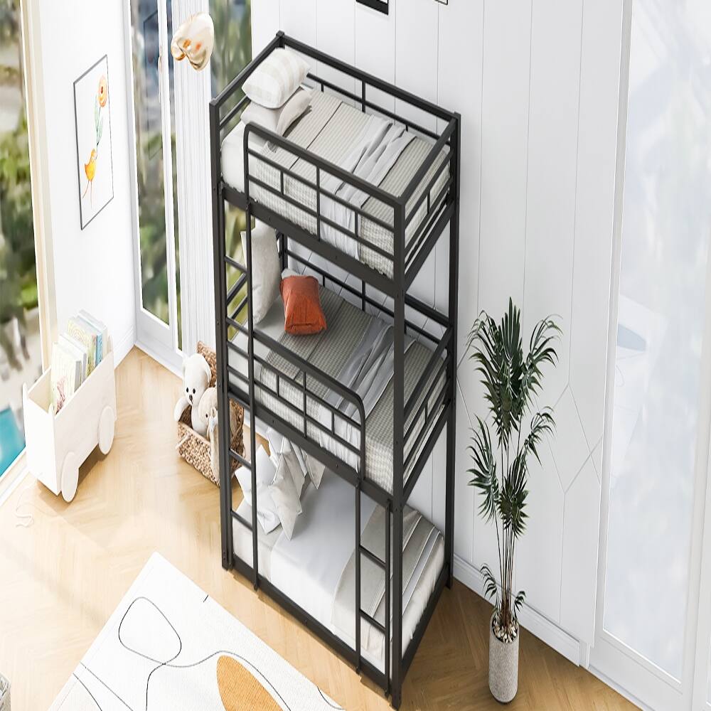Back. Loheer - Loheer Metal Triple Bunk Bed Twin Over Twin Over Twin Black Heavy Duty Space Saving Frame - Black.