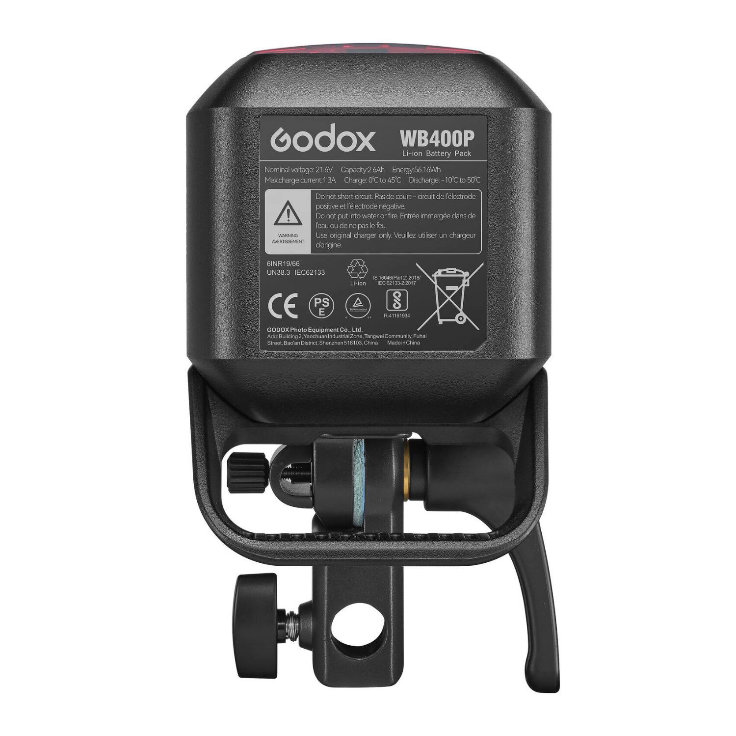 Godox WB400P Li-ion Battery Pack

Nominal voltage: 21.6V  
Capacity: 26Ah  
Energy: 561 Wh  
Max charge current: 1A  
Charge: 0°C to 45°C  
Discharge: -10°C to 50°C  

Do not short circuit  
Do not put into water or fire  
Use original charger only  

WARNING:  
Do not short circuit - Pas de court-circuit - No short circuit  
Do not put into water or fire - Entrez immerger dans de l'eau ou de le feu - Ne mettez pas dans l'eau ou le feu  
Use original charger only - Veuillez utiliser un chargeur d'origine  

UN38.3  
IEC62133  
Li-ion  

CE  
PS  
GOOUA  
Photo Equipment Co., Ltd.  
Address: Building 2, Yechuang Industrial Zone, Taohu Community, Humen, Dongguan, Guangdong, China  
Website: www.godox.com  

SNR1966  
R4161654