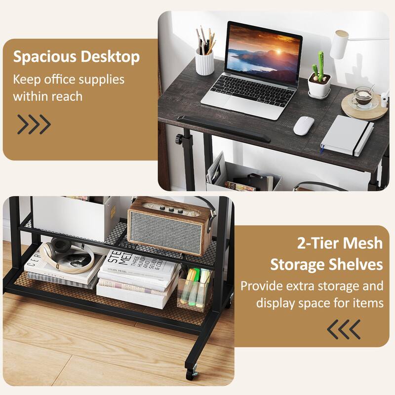 Spacious Desktop  
Keep office supplies within reach

2-Tier Mesh Storage Shelves  
Provide extra storage and display space for items