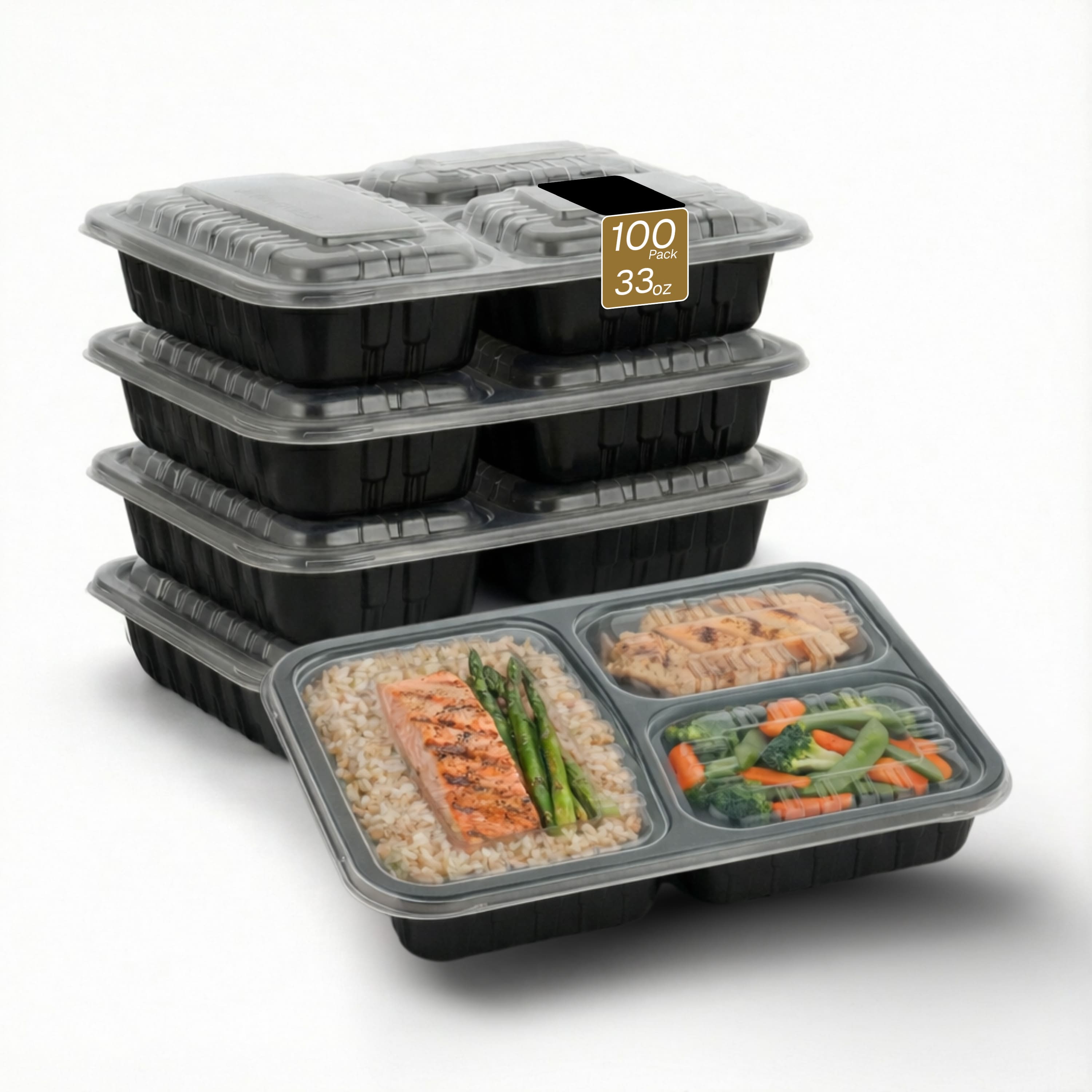 Eco Harmony Products - Microwaveable Compartmental Container (Rectangular-Shallow) with Lid 3-compartment, 33oz, 150-Pack - Black