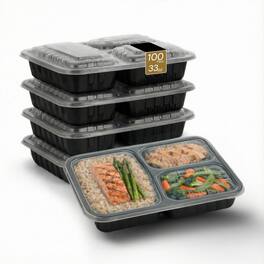 Eco Harmony Products - Microwaveable Compartmental Container (Rectangular-Shallow) with Lid 3-compartment, 33oz, 150-Pack - Black