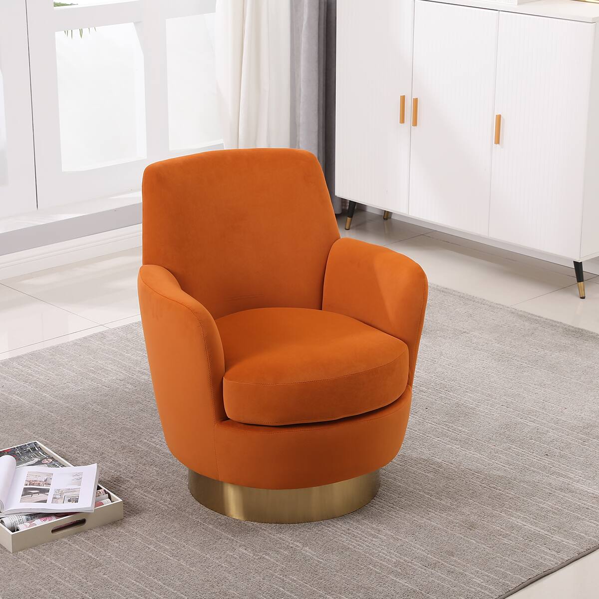 Back. Trinkets Crazed - Swivel Barrel Chair,Modern Comfy Velvet Upholstered Round Swivel Accent Chairst,360 Degree Single Sofa Chair Armchair - Orange.
