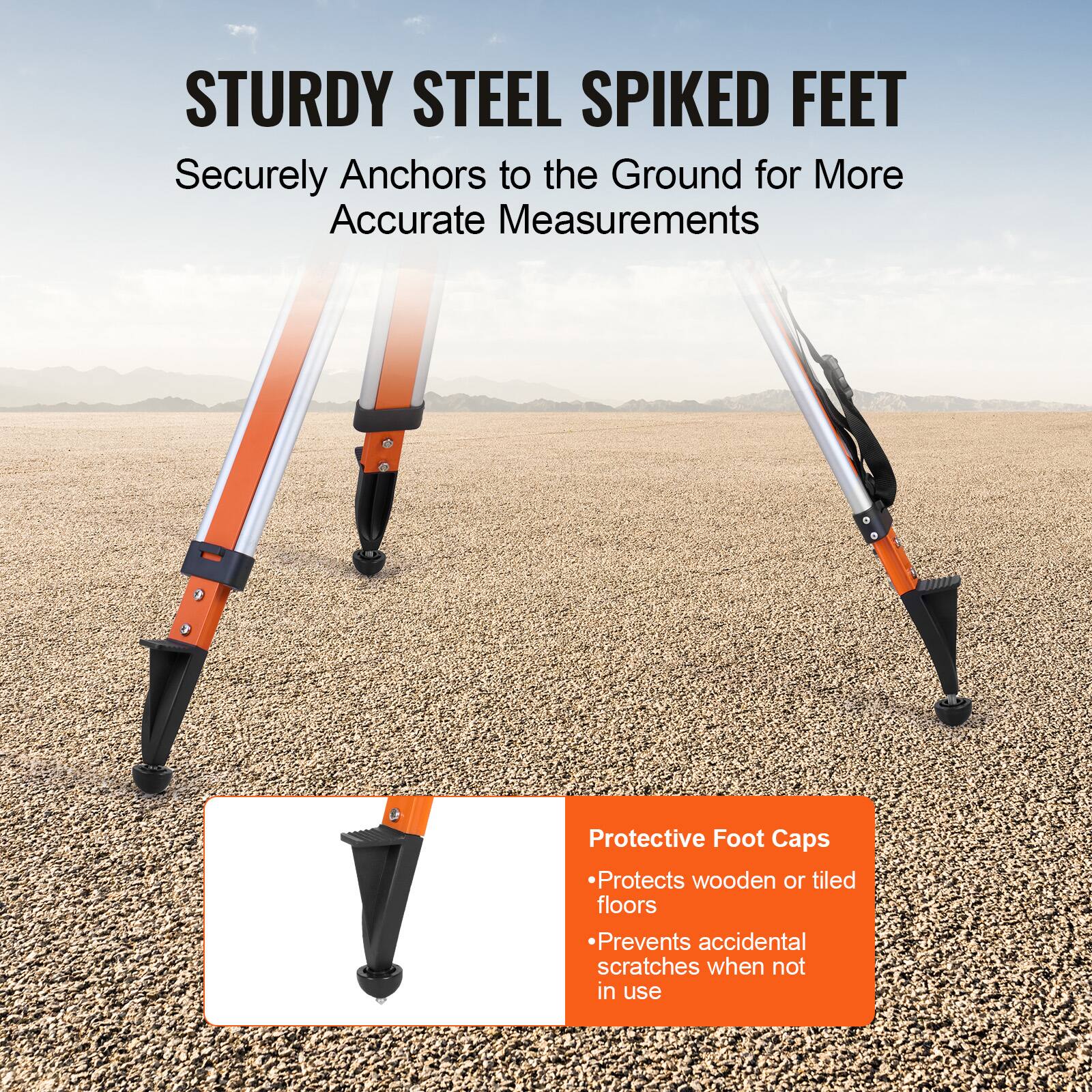 STURDY STEEL SPIKED FEET  
Securely Anchors to the Ground for More Accurate Measurements  

Protective Foot Caps  
- Protects wooden or tiled floors  
- Prevents accidental scratches when not in use