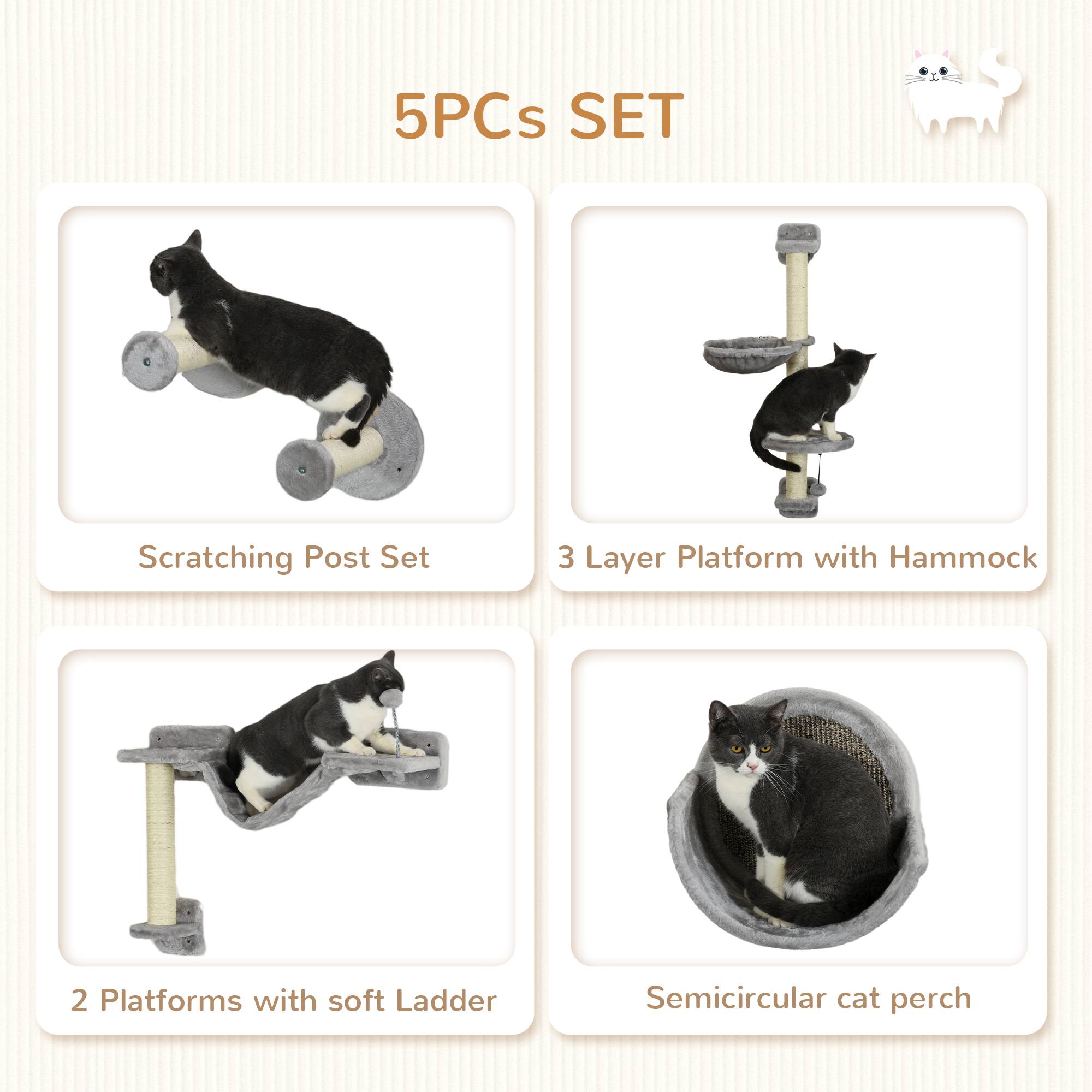 Alt View 1. Pawhut - 5 Piece Cat Wall Shelves, Wall Mounted with Hammock, Perches, Ladder, Scratching Posts, for Climbing and Relaxing - Gray.
