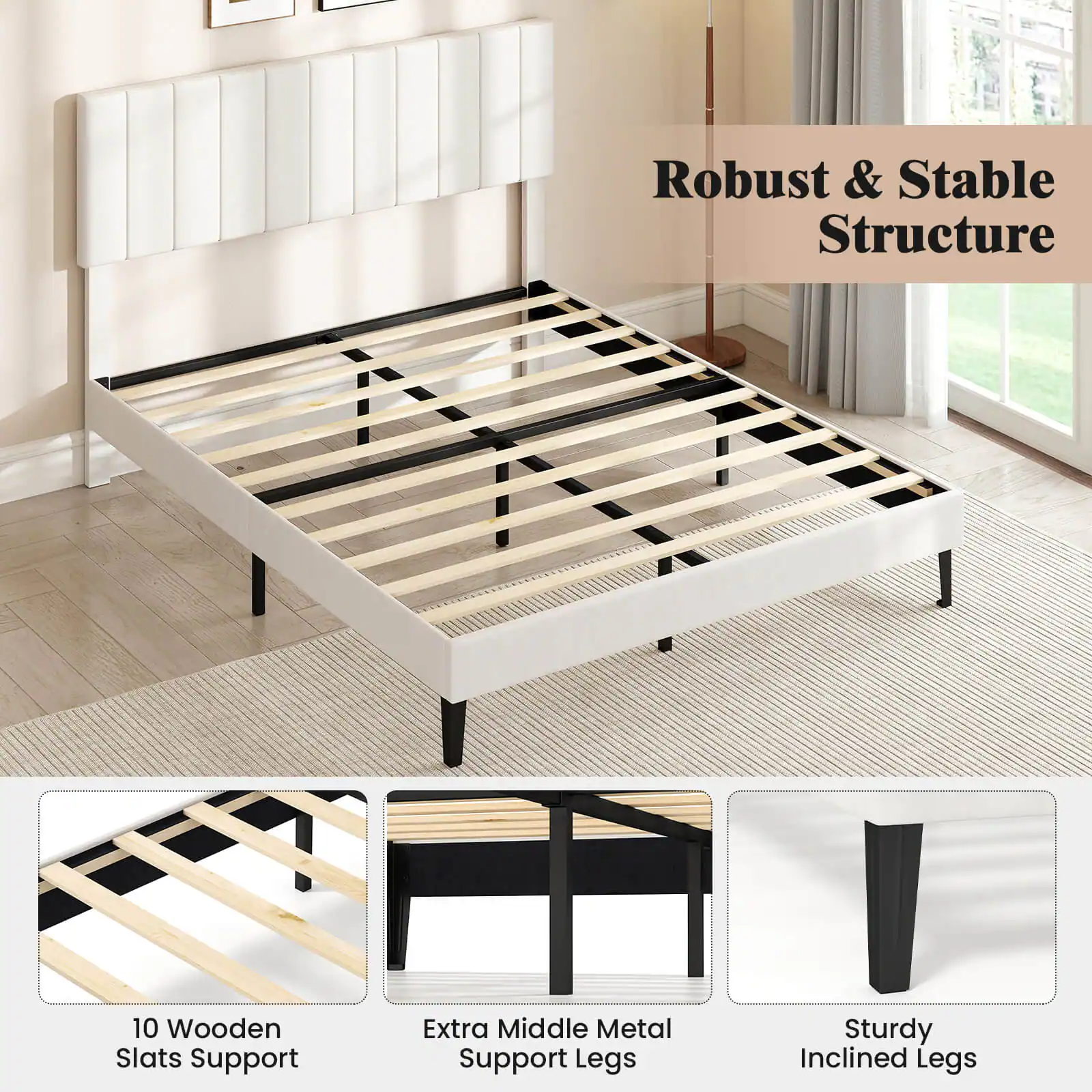 Robust & Stable Structure

10 Wooden Slats Support

Extra Middle Metal Support Legs

Sturdy Inclined Legs