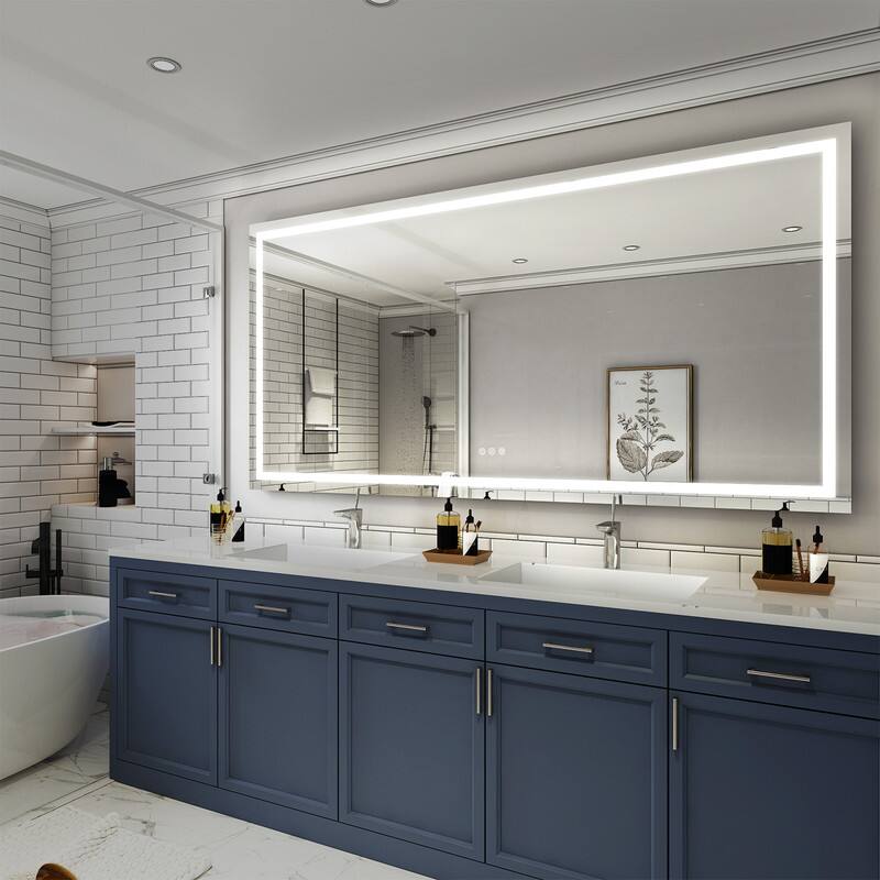 Angle. WELLFOR - 84 in W x42 in H Rectangular Frameless Anti-Fog LED Bathroom Vanity Mirror, Wall Mounted Mirror with Memory Function - Silver.