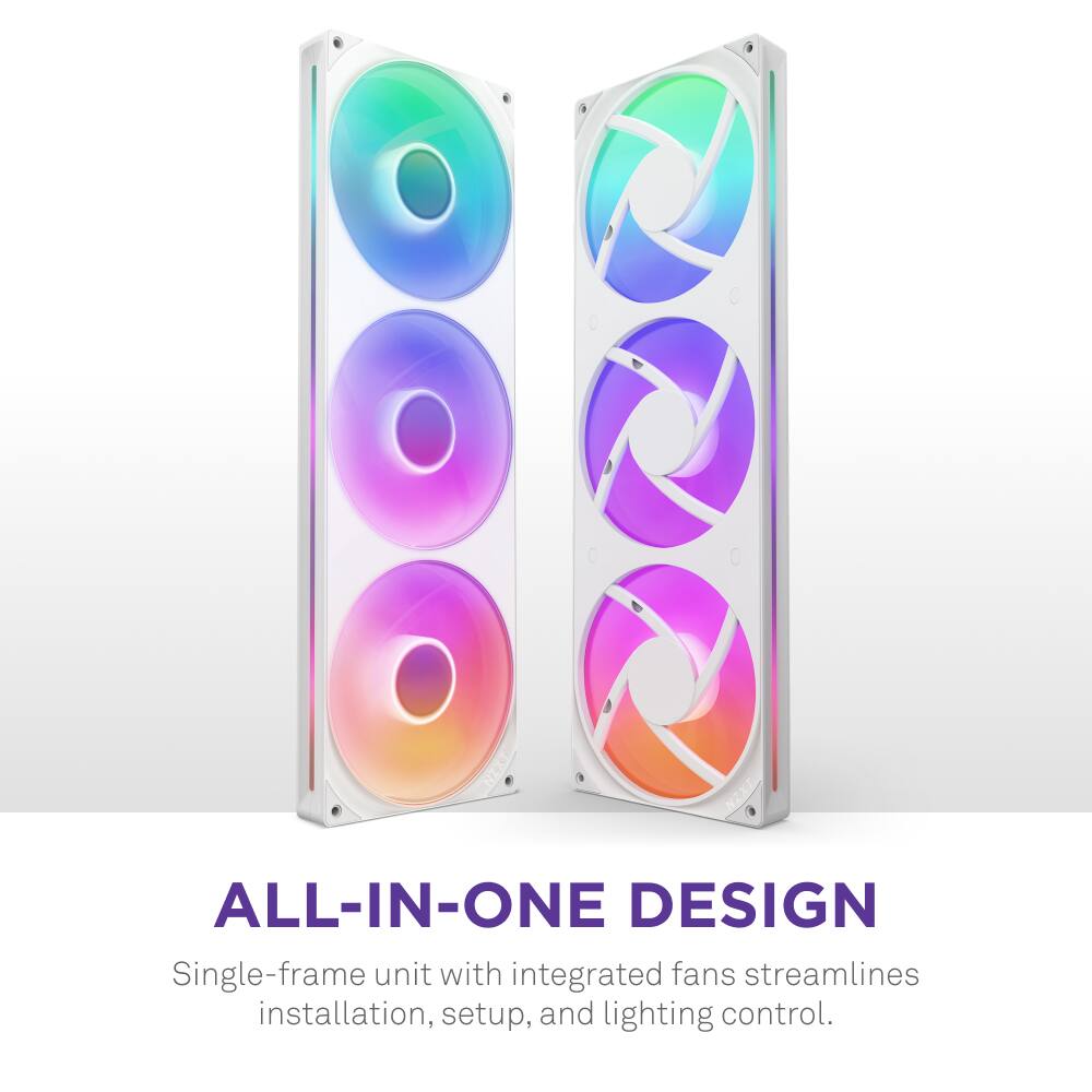 The text on the image reads: "ALL-IN-ONE DESIGN Single-frame unit with integrated fans streamlines installation, setup, and lighting control."