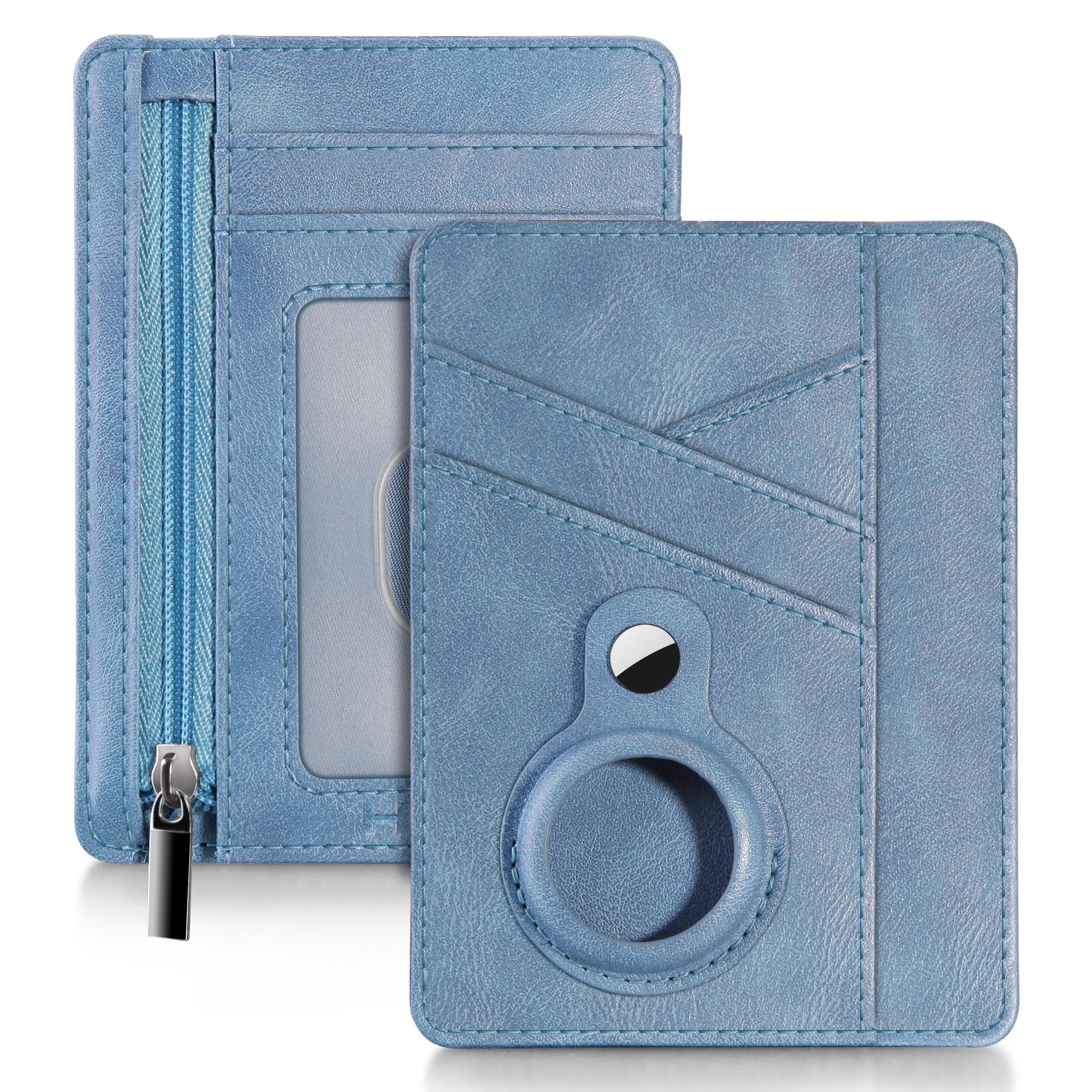 Front. Jadie Link - Slim Minimalist Wallet Women Airtag Holder Rfid Blocking Leather Credit Card Small Compact Ladies Womens Zipper Pocket - Blue-With Airtag Holder.