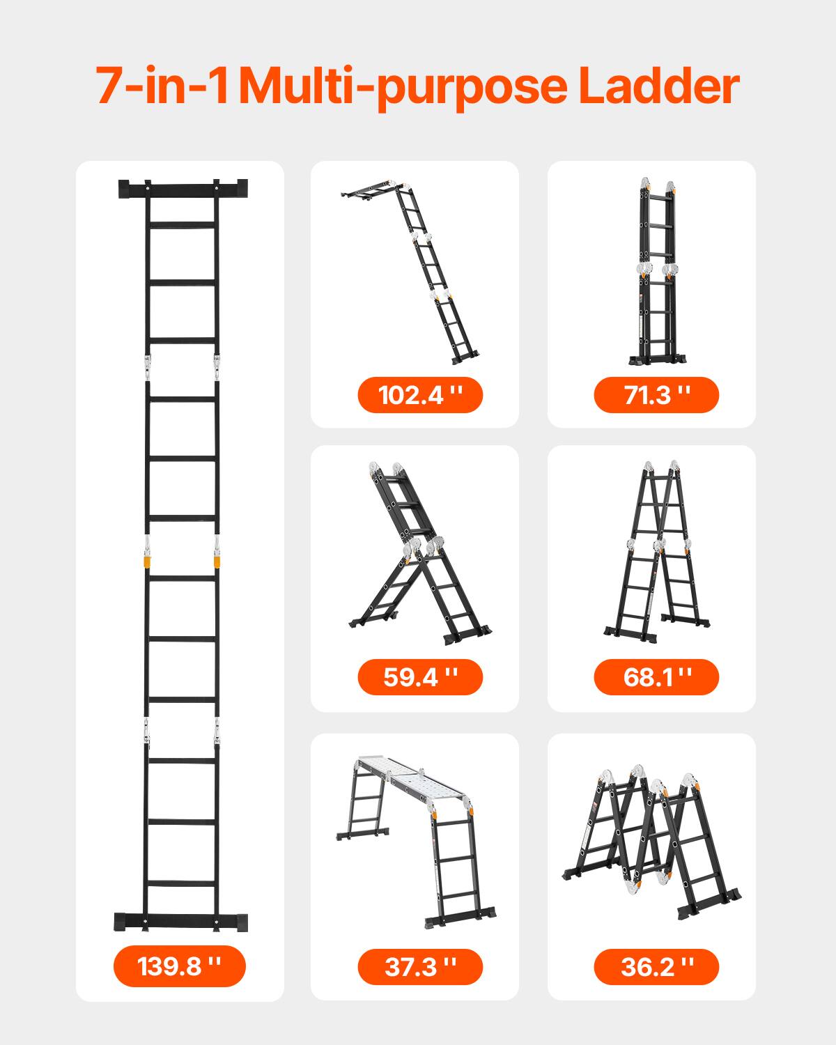 7-in-1 Multi-purpose Ladder

- 102.4"
- 71.3"
- 59.4"
- 68.1"
- 139.8"
- 37.3"
- 36.2"